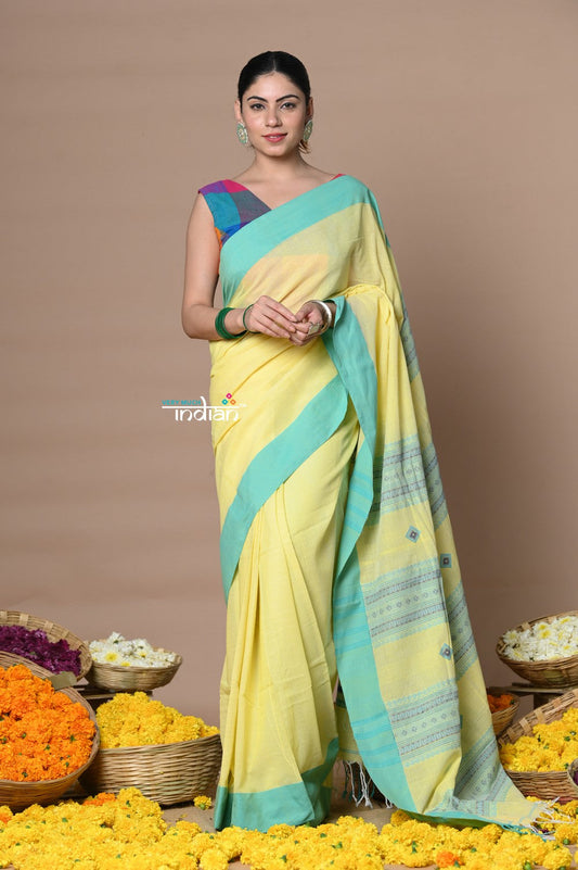 Very Much Indian Rajsi - Handloom Pure Cotton Grab2Buy with Classic Border and Pallu - Yellow 