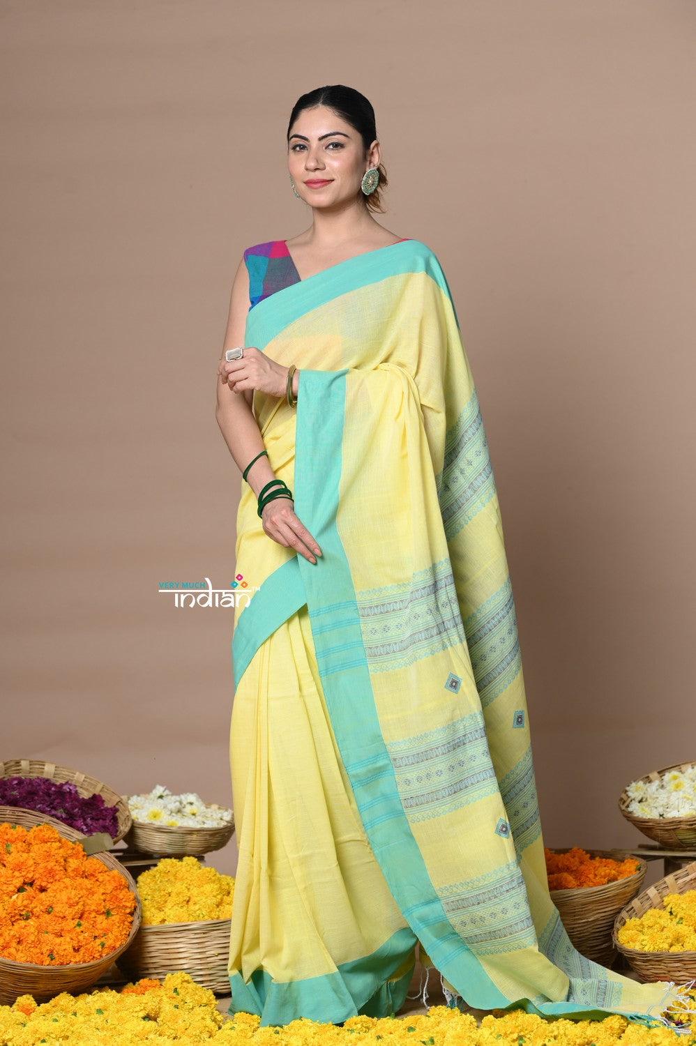 Very Much Indian Rajsi - Handloom Pure Cotton Grab2Buy with Classic Border and Pallu - Yellow 