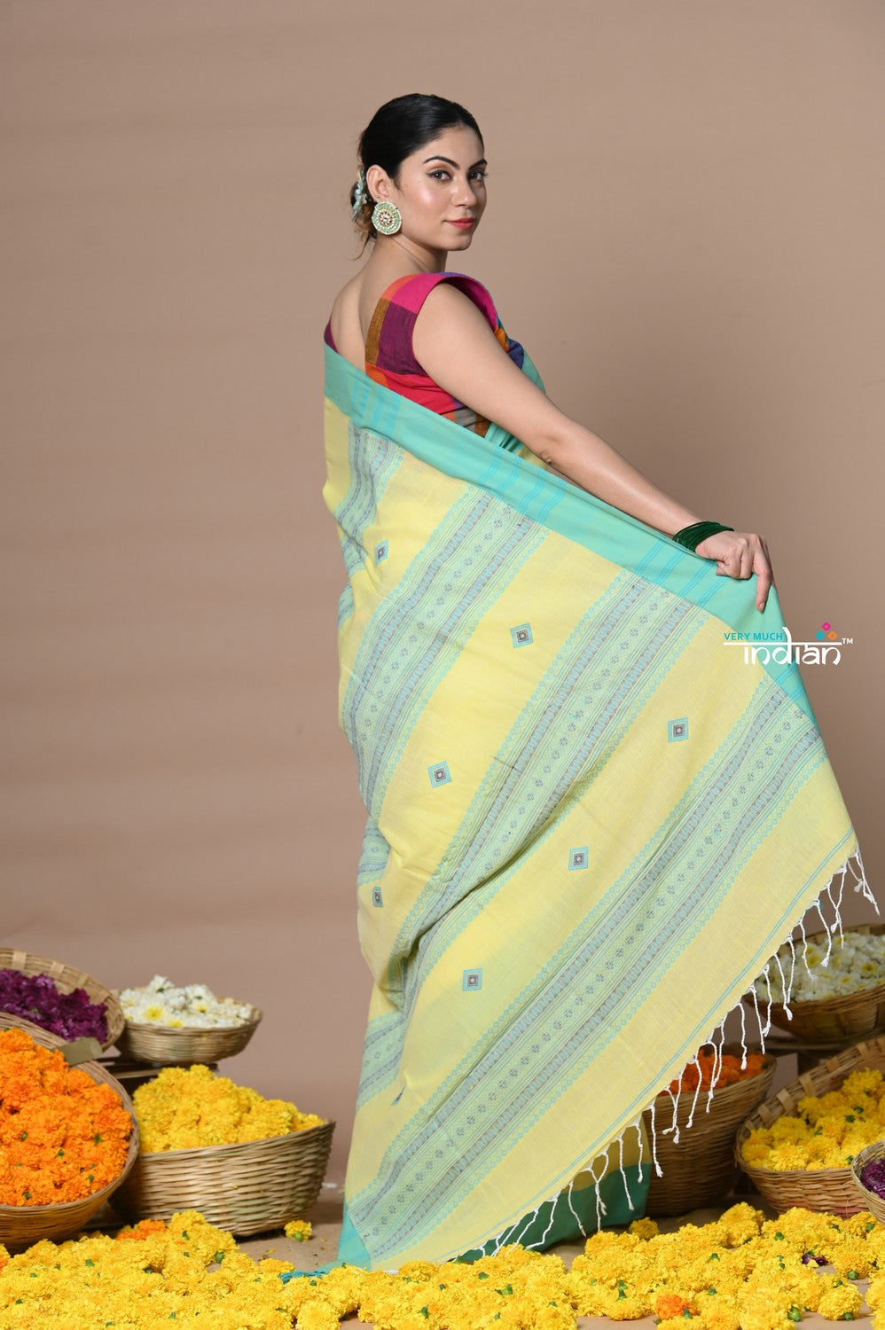 Very Much Indian Rajsi - Handloom Pure Cotton Grab2Buy with Classic Border and Pallu - Yellow 