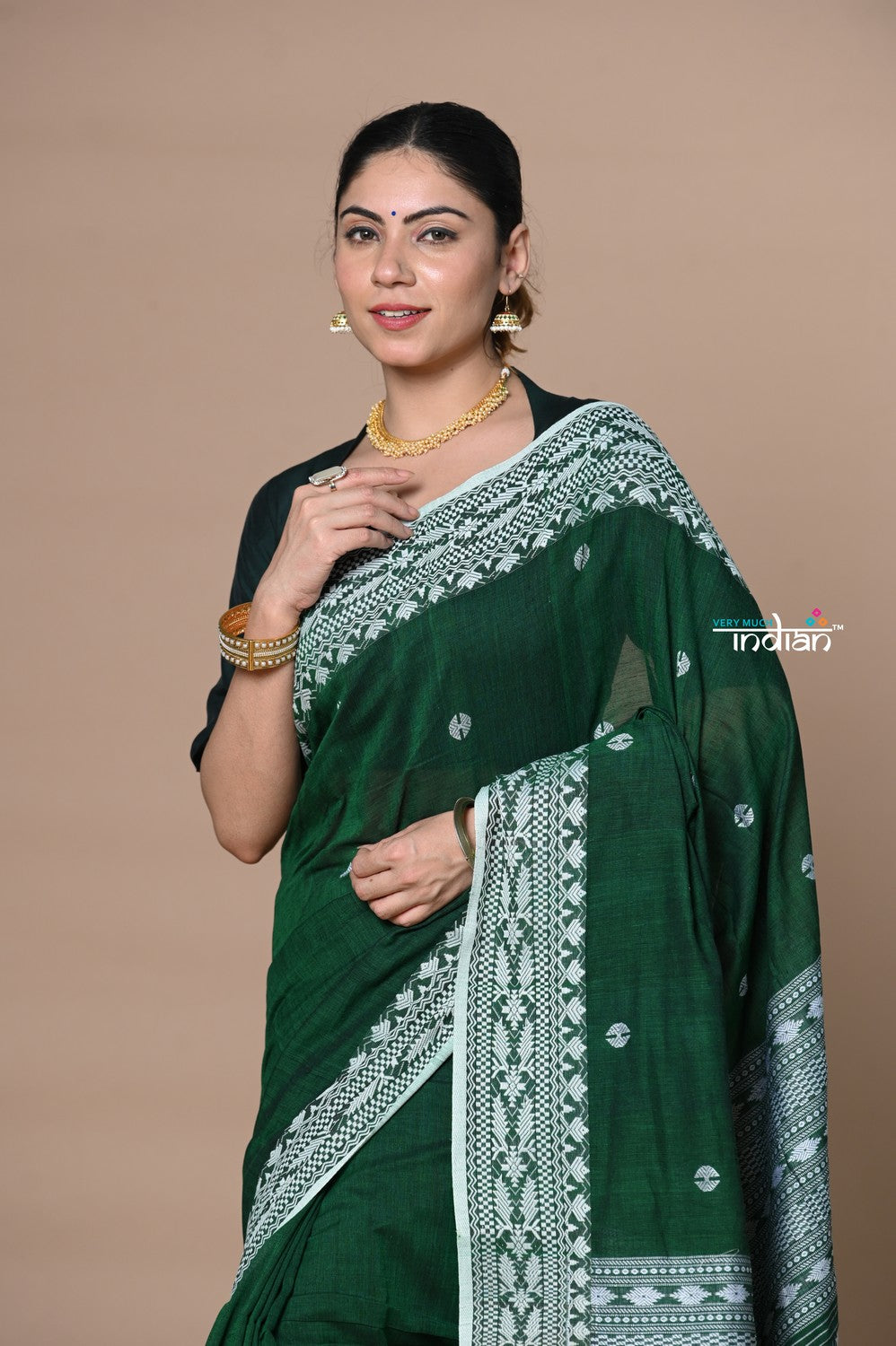 Very Much Indian Rajsi - Handloom Pure Cotton Grab2Buy with Hand-embroidered Symmetric Border - Green 
