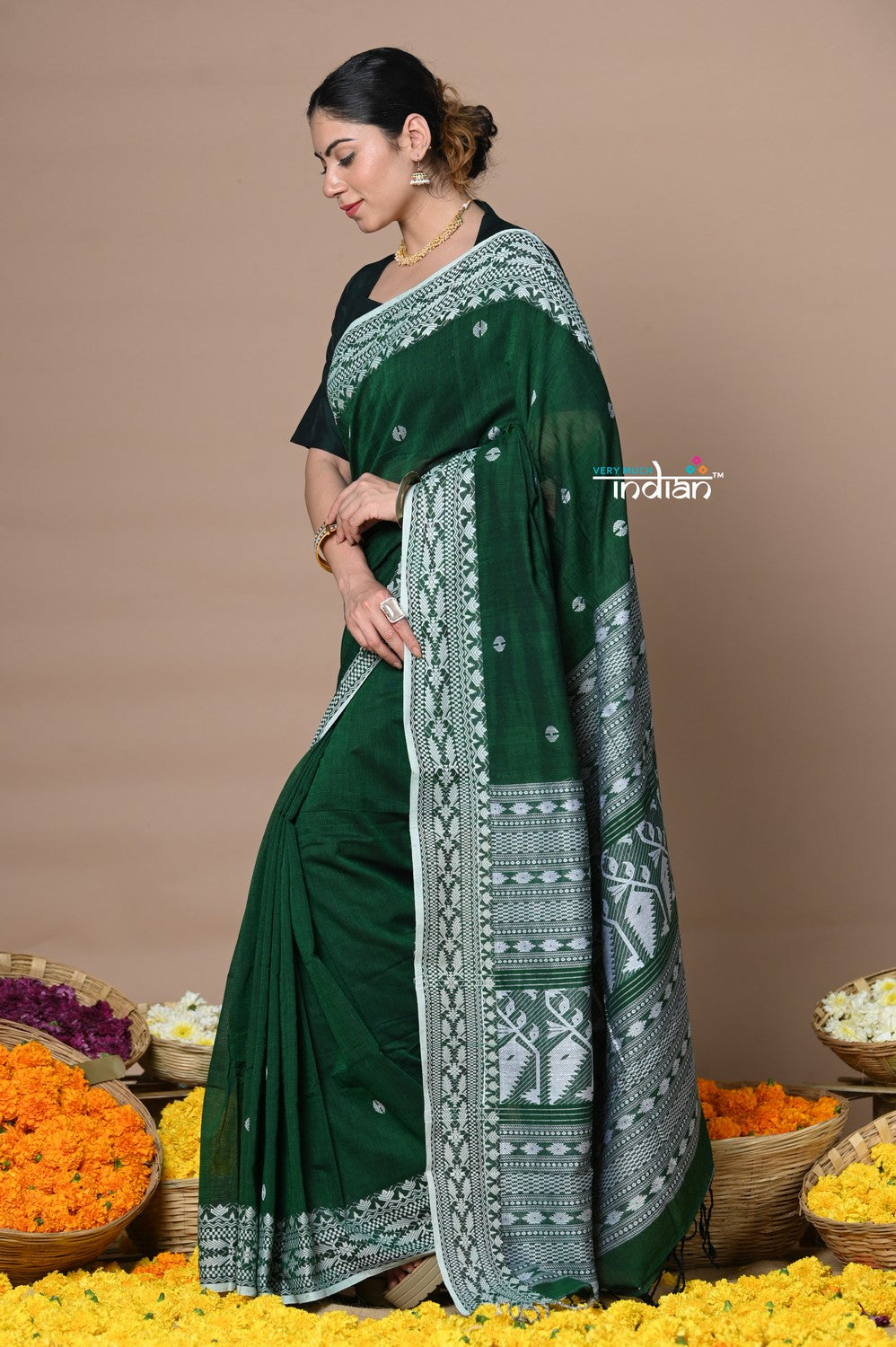 Very Much Indian Rajsi - Handloom Pure Cotton Grab2Buy with Hand-embroidered Symmetric Border - Green 