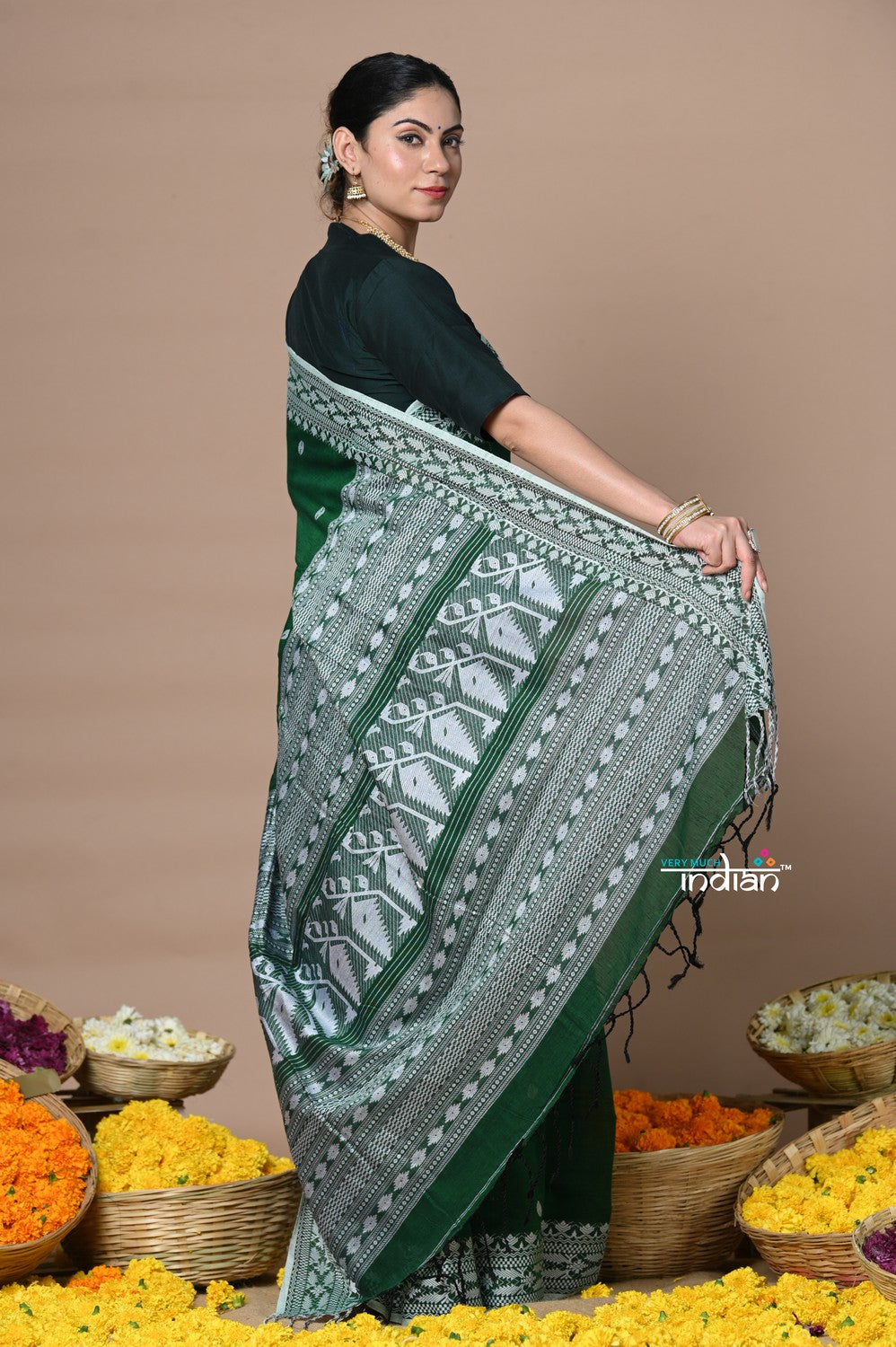 Very Much Indian Rajsi - Handloom Pure Cotton Grab2Buy with Hand-embroidered Symmetric Border - Green 