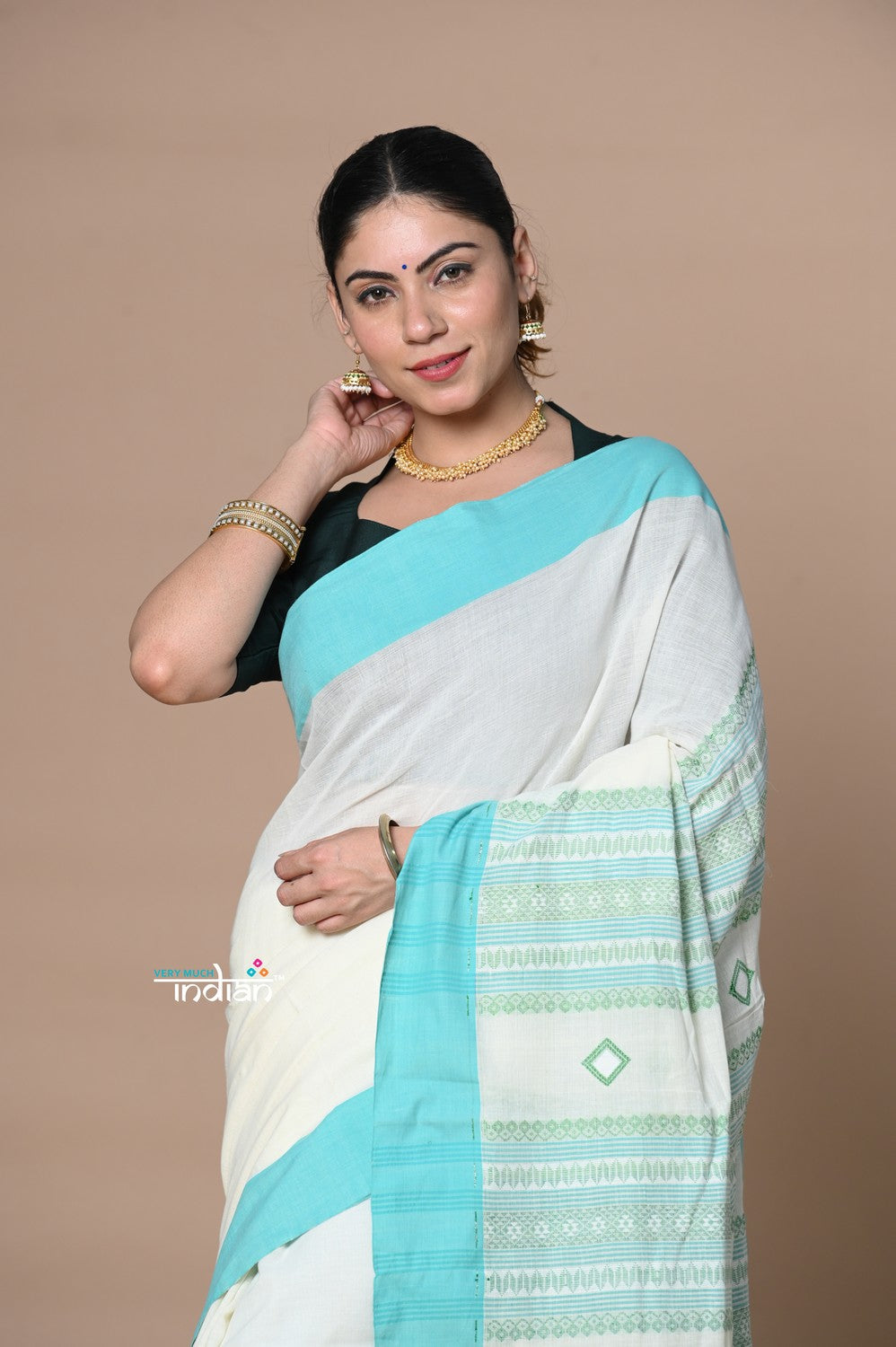Very Much Indian Rajsi - Handloom Pure Cotton Grab2Buy with Classic Border and Pallu - White 
