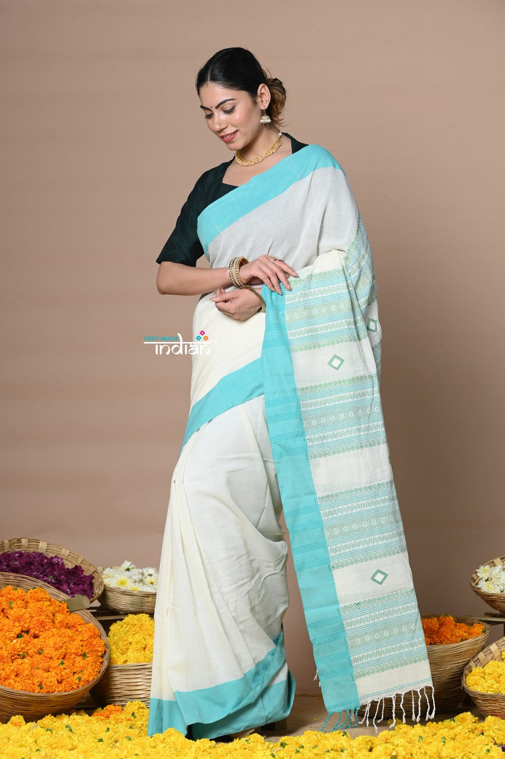 Very Much Indian Rajsi - Handloom Pure Cotton Grab2Buy with Classic Border and Pallu - White 