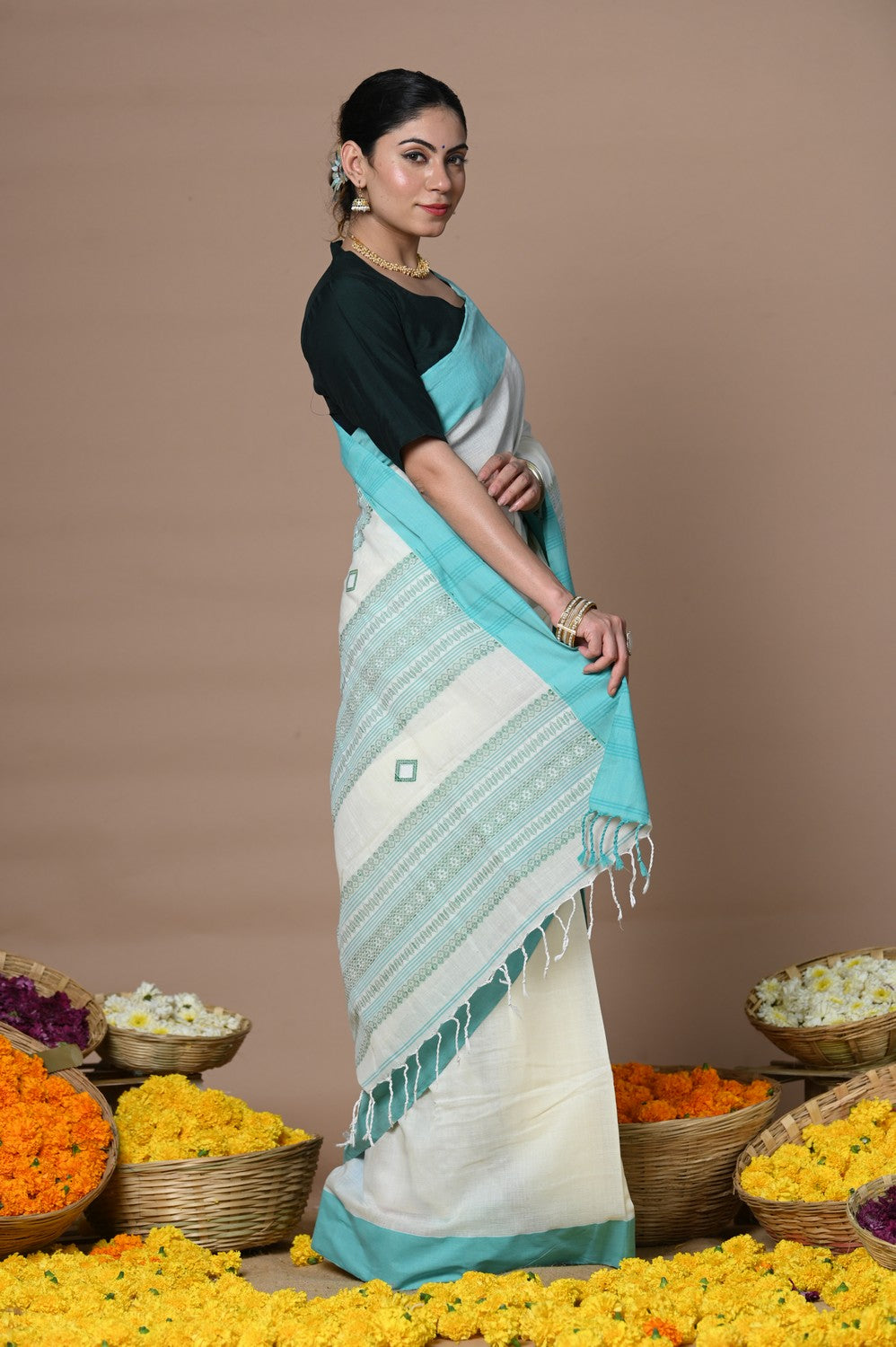 Very Much Indian Rajsi - Handloom Pure Cotton Grab2Buy with Classic Border and Pallu - White 