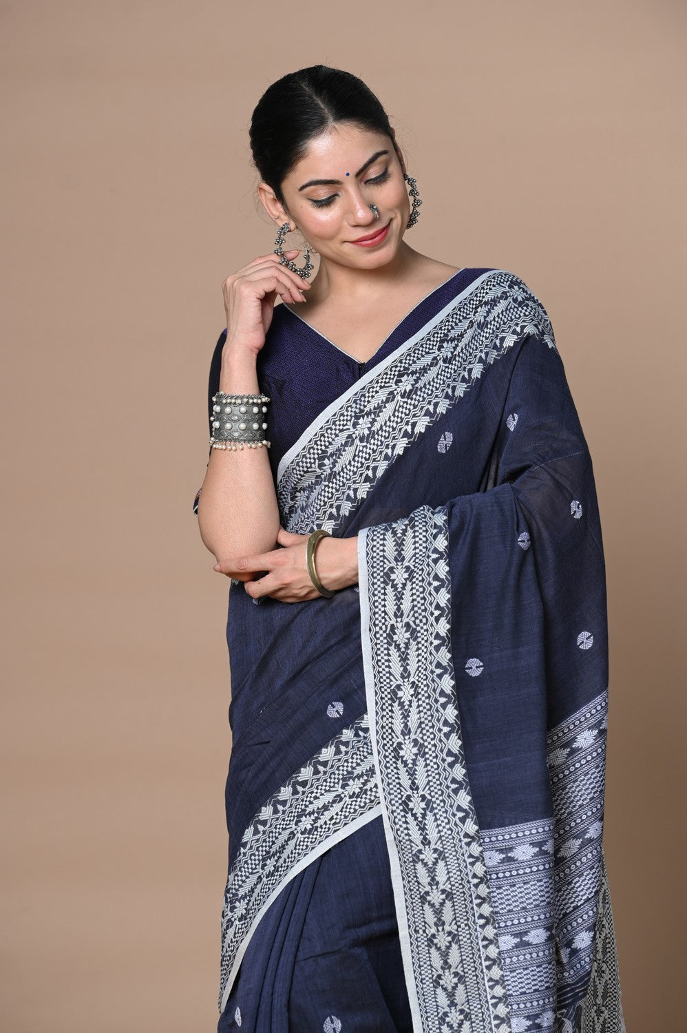 Very Much Indian Rajsi - Handloom Pure Cotton Grab2Buy with Hand-embroidered Symmetric Border - Dark Blue 