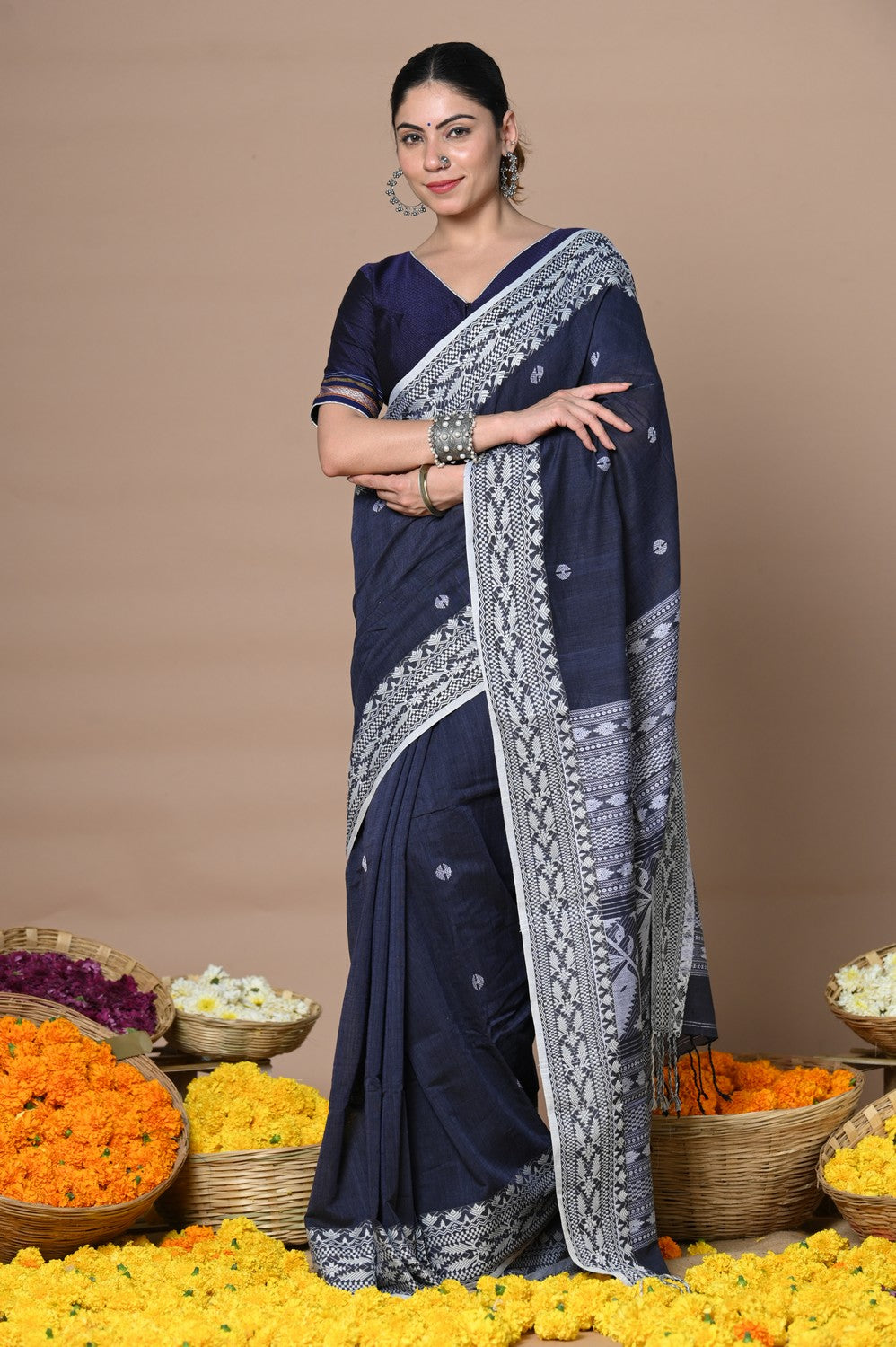 Very Much Indian Rajsi - Handloom Pure Cotton Grab2Buy with Hand-embroidered Symmetric Border - Dark Blue 
