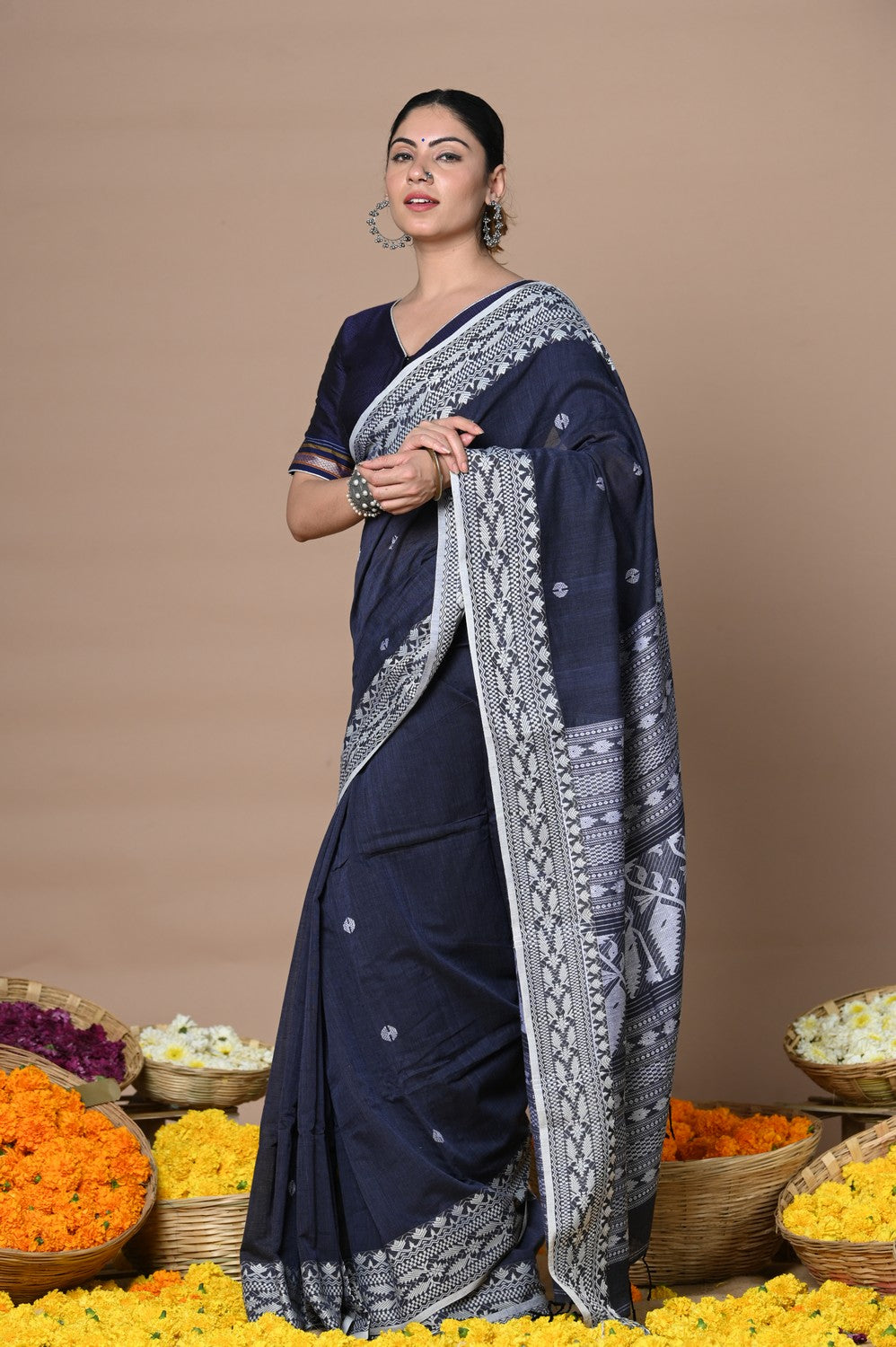 Very Much Indian Rajsi - Handloom Pure Cotton Grab2Buy with Hand-embroidered Symmetric Border - Dark Blue 