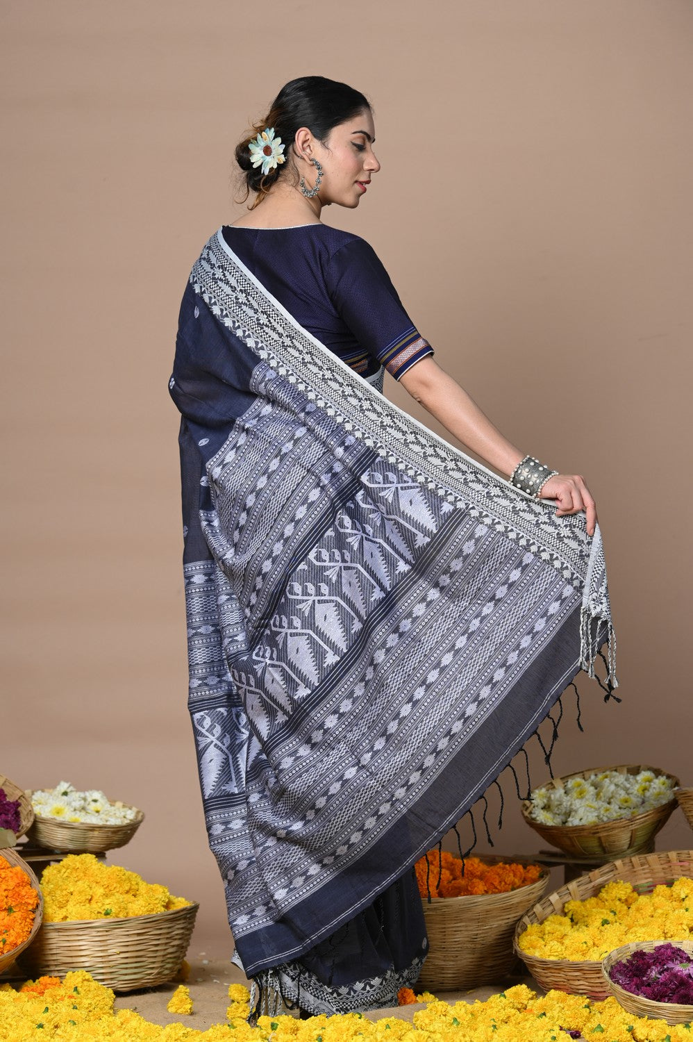 Very Much Indian Rajsi - Handloom Pure Cotton Grab2Buy with Hand-embroidered Symmetric Border - Dark Blue 