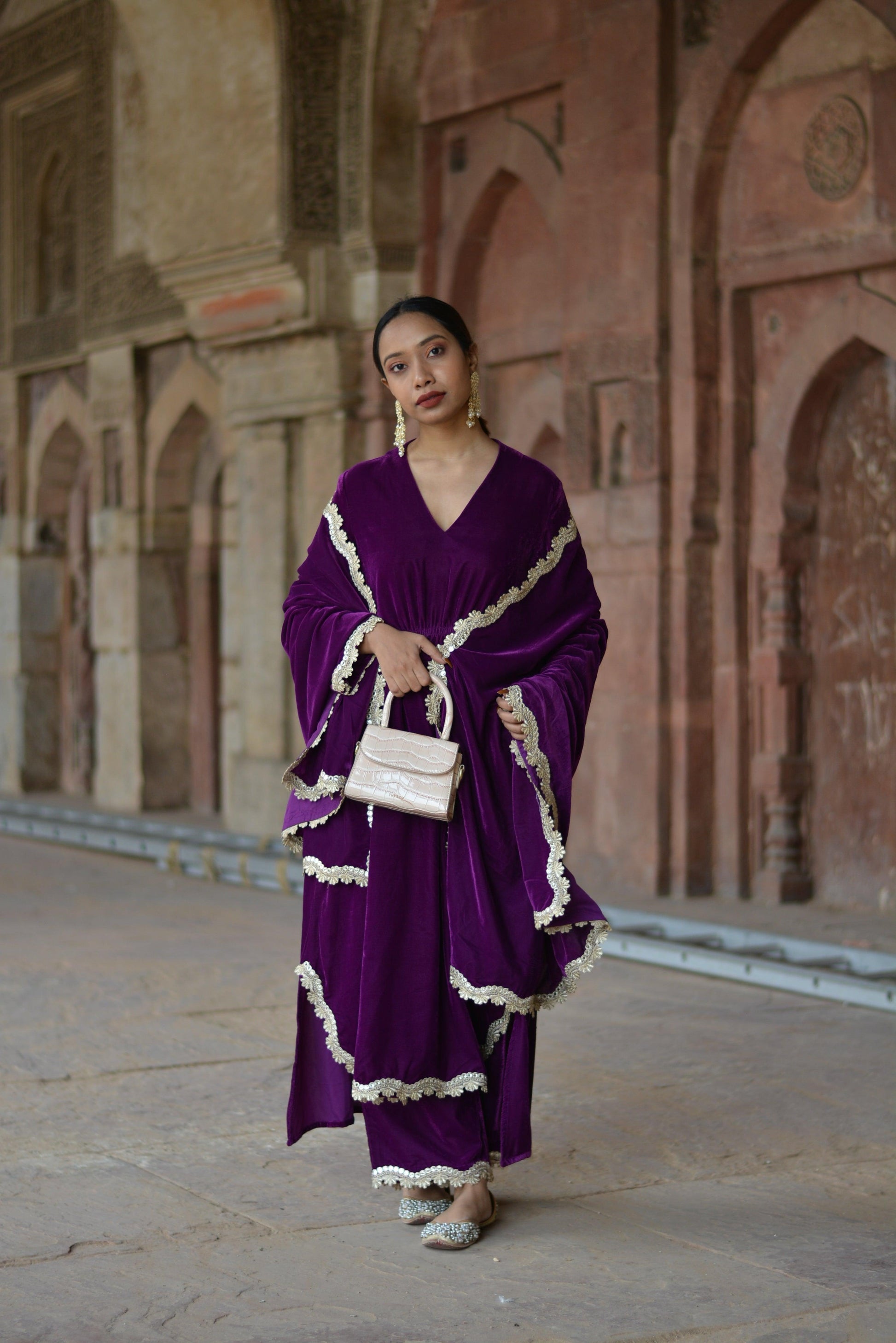 trueBrowns Wine Velvet Lace Kurta Pant Set | Swadesiicart