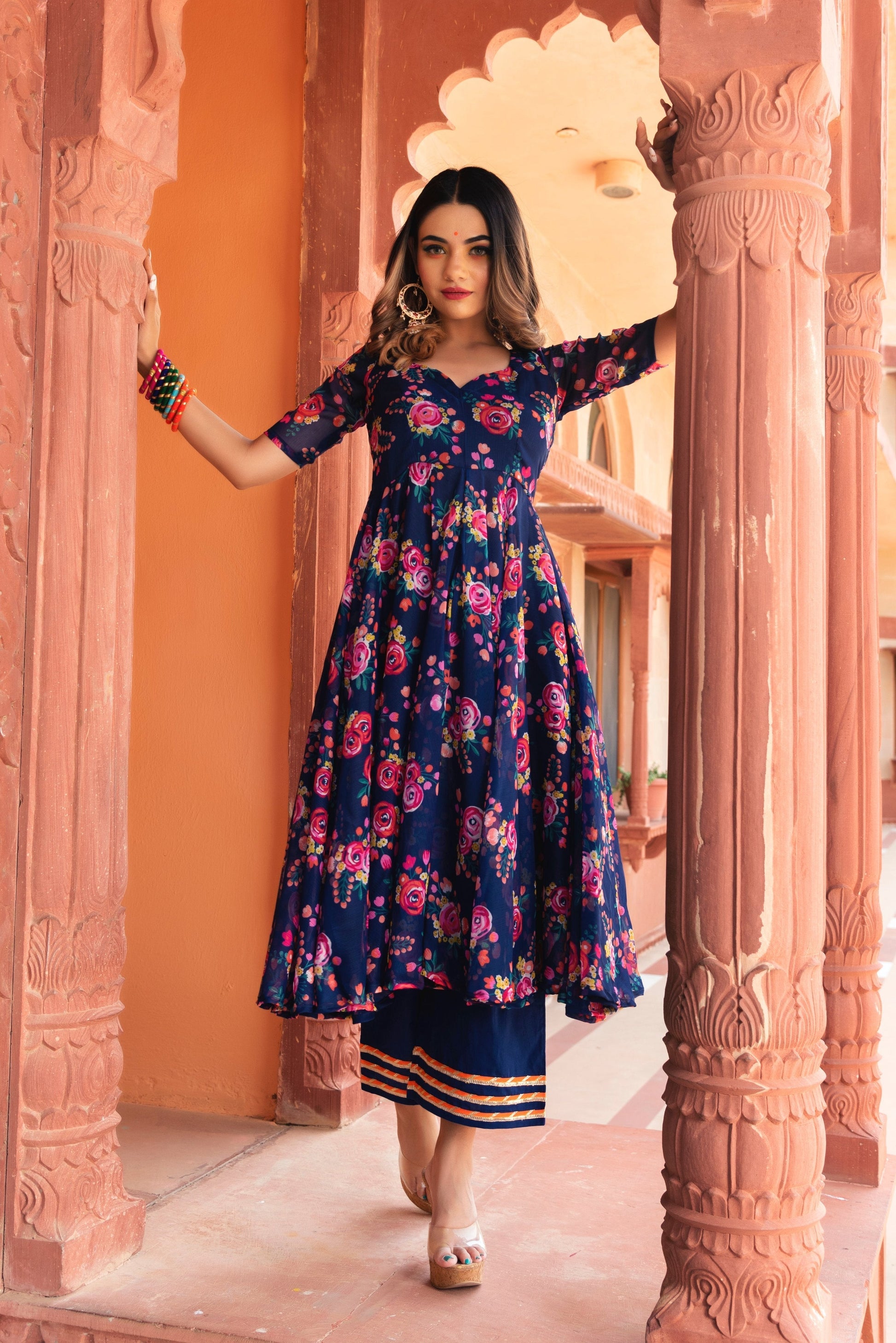 Pomcha Jaipur Manjari Organza Phool Jaal Anarkali Set 