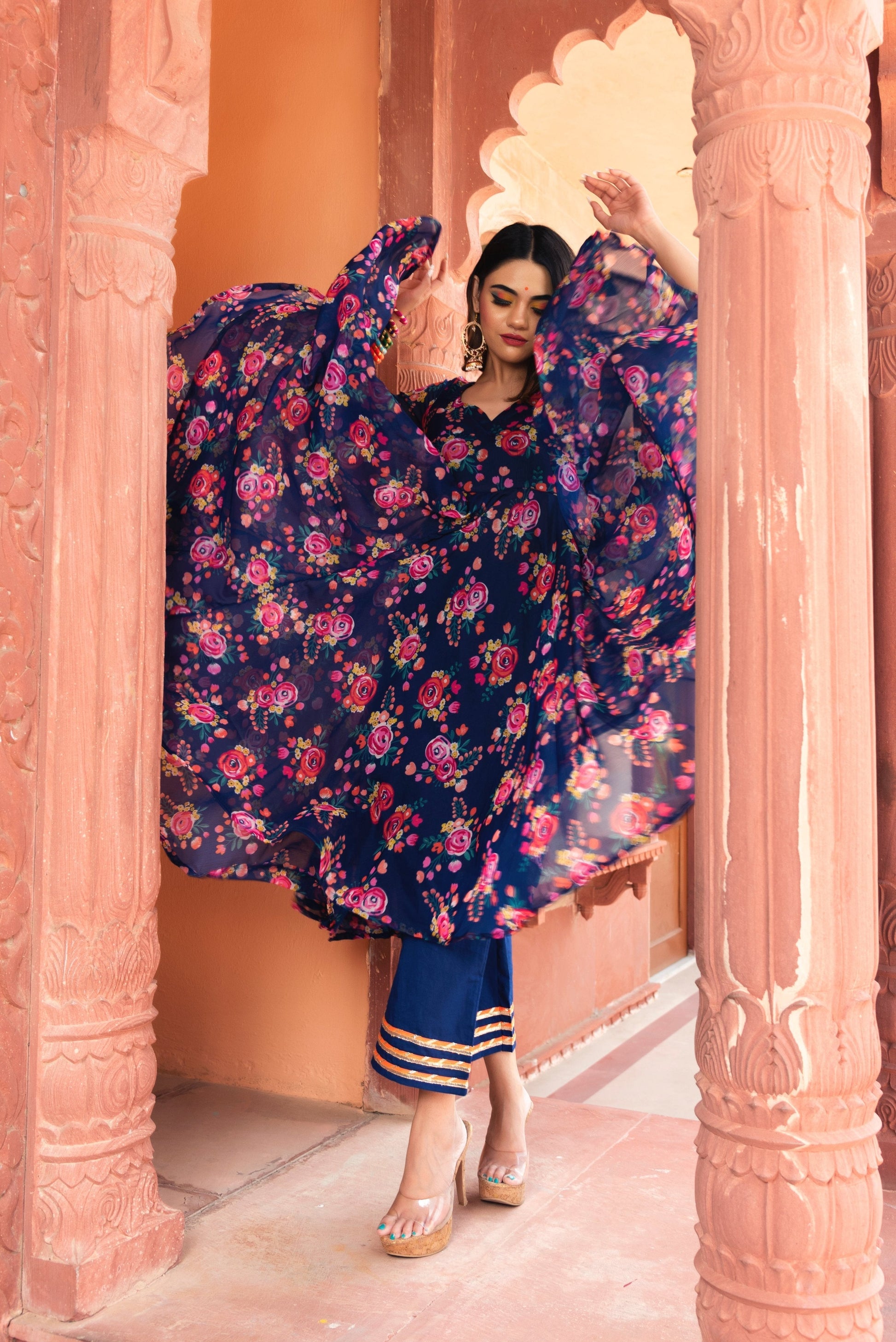 Pomcha Jaipur Manjari Organza Phool Jaal Anarkali Set 