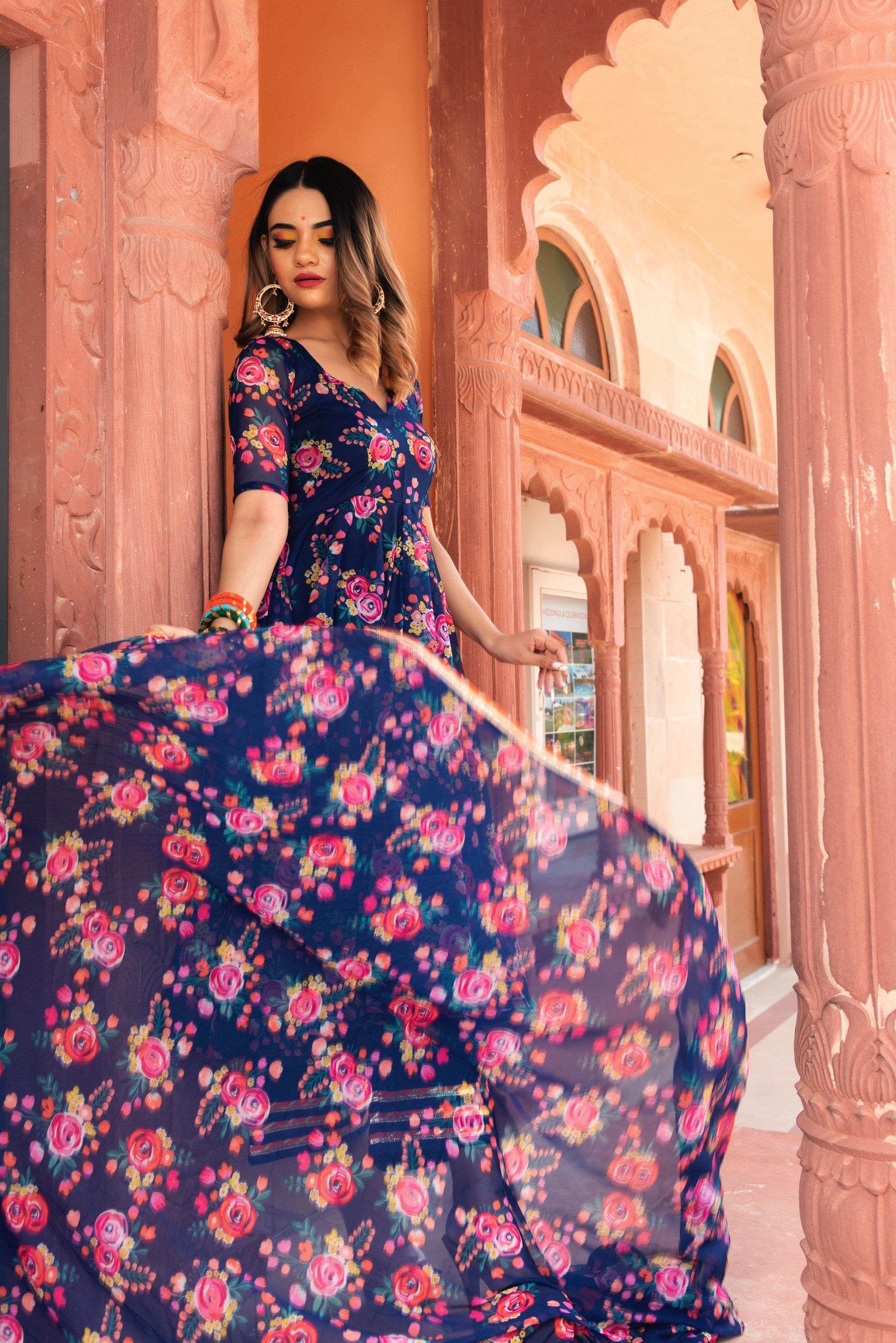Pomcha Jaipur Manjari Organza Phool Jaal Anarkali Set 
