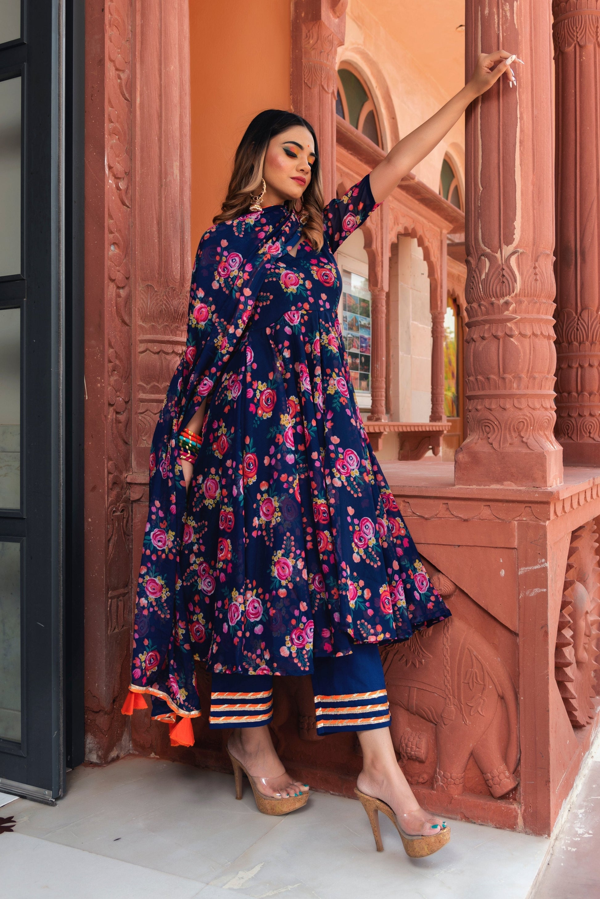 Pomcha Jaipur Manjari Organza Phool Jaal Anarkali Set 