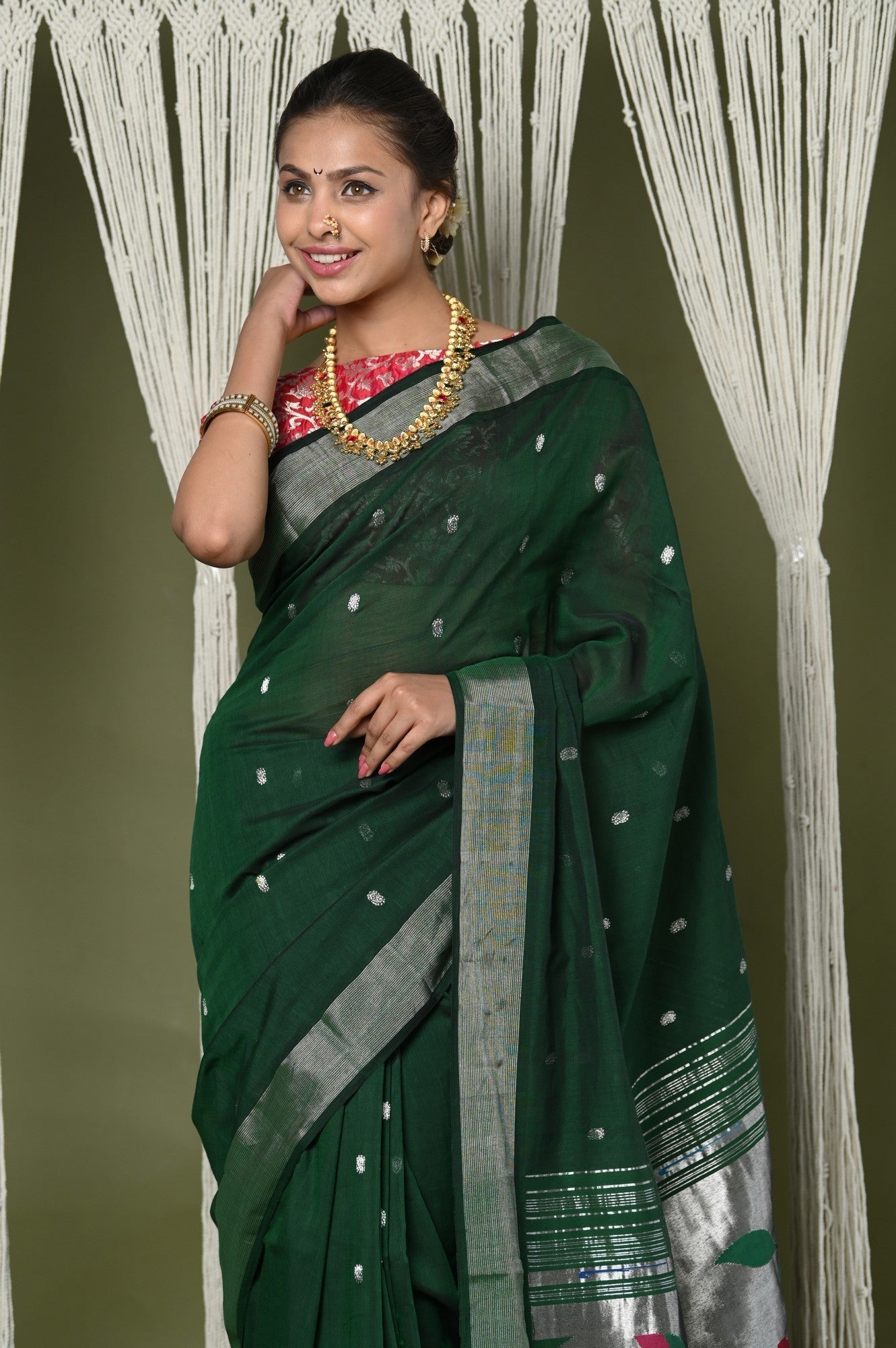 Very Much Indian EXCLUSIVE! Silver Zari Handloom Pure Cotton Paithani With Parrot Pallu - Forest Green 