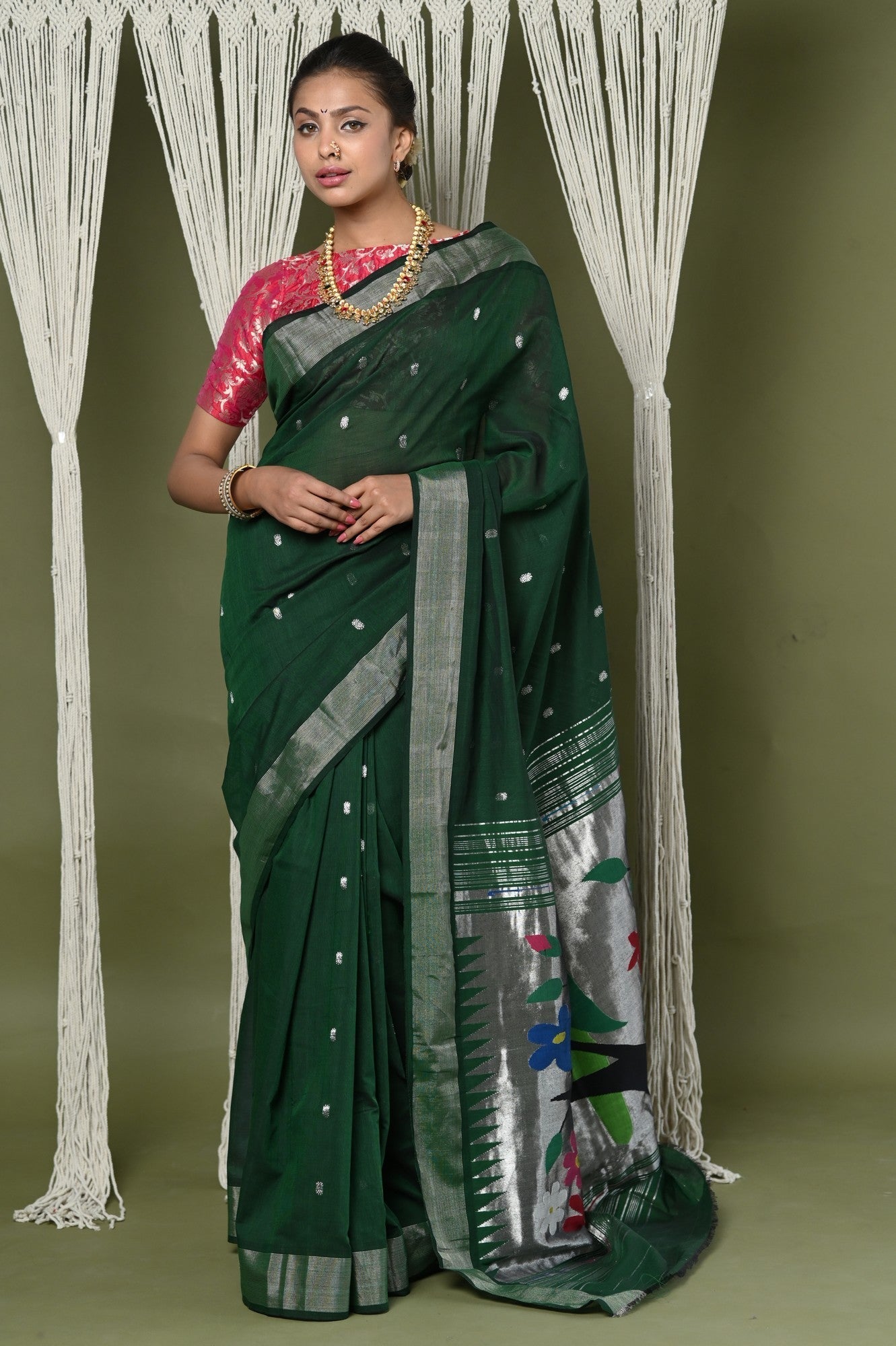 Very Much Indian EXCLUSIVE! Silver Zari Handloom Pure Cotton Paithani With Parrot Pallu - Forest Green 