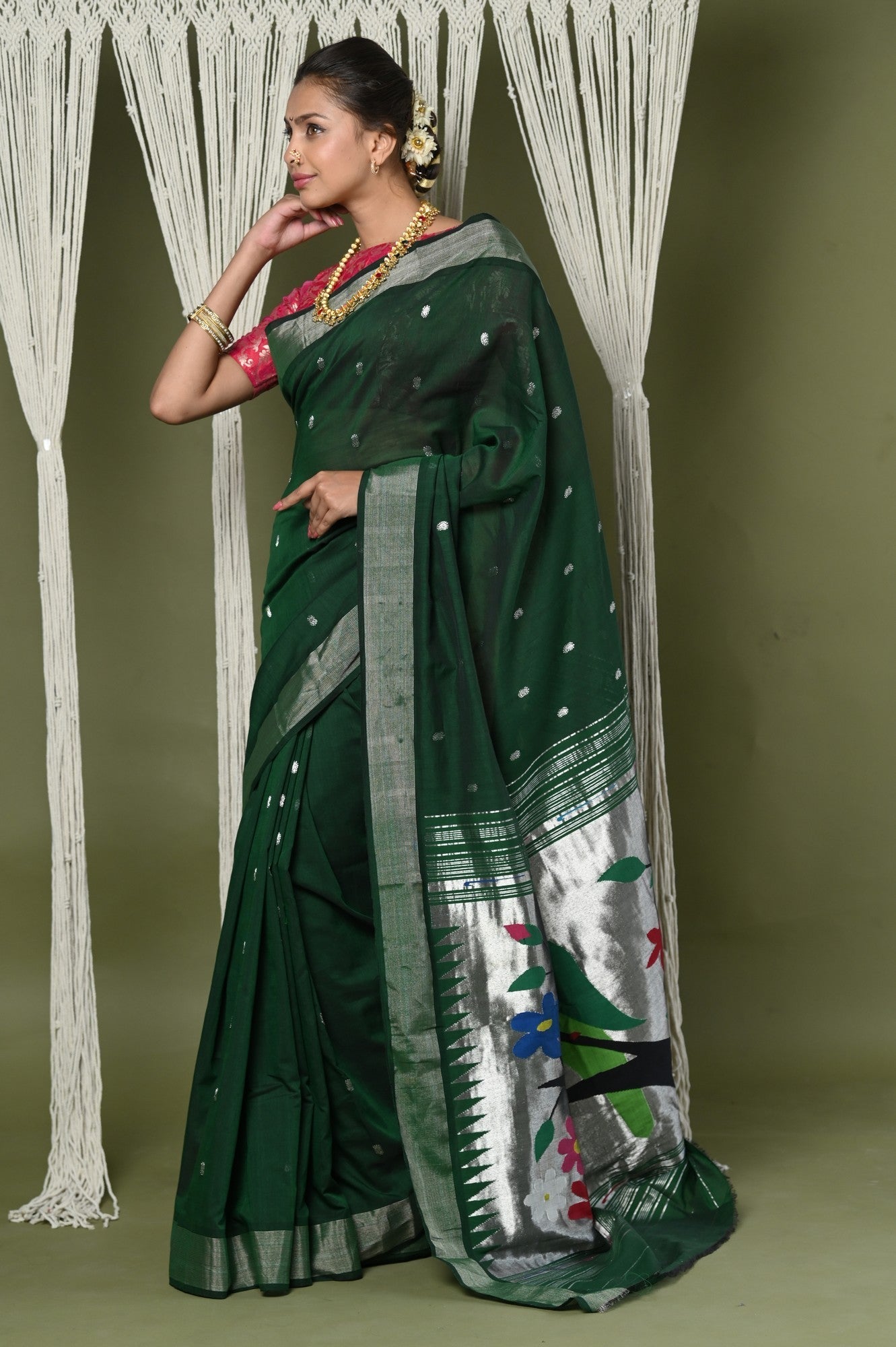 Very Much Indian EXCLUSIVE! Silver Zari Handloom Pure Cotton Paithani With Parrot Pallu - Forest Green 