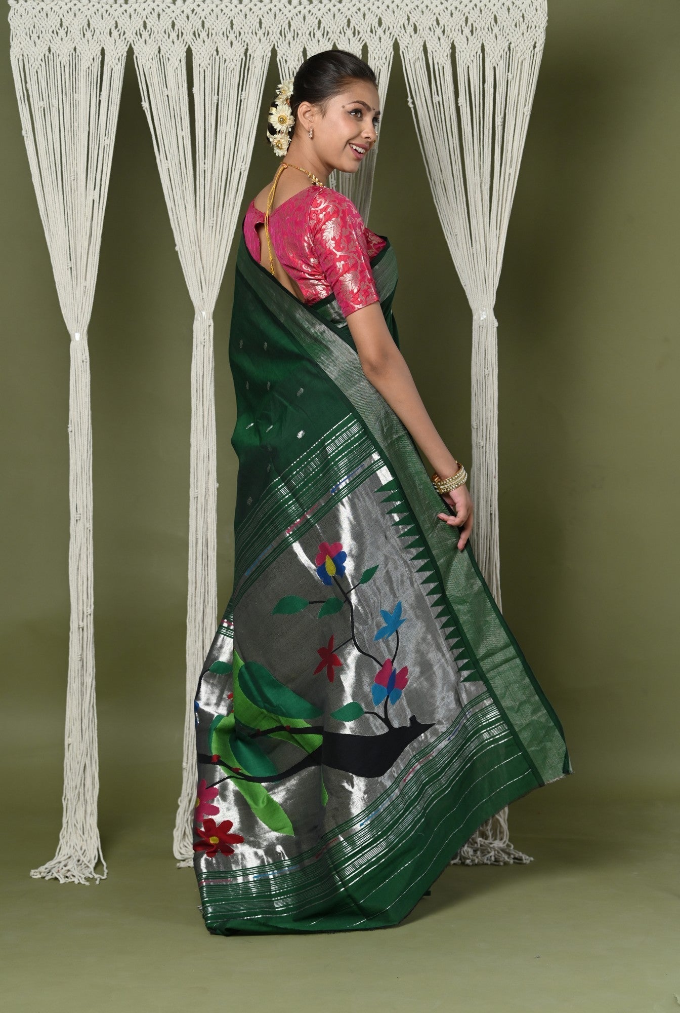 Very Much Indian EXCLUSIVE! Silver Zari Handloom Pure Cotton Paithani With Parrot Pallu - Forest Green 