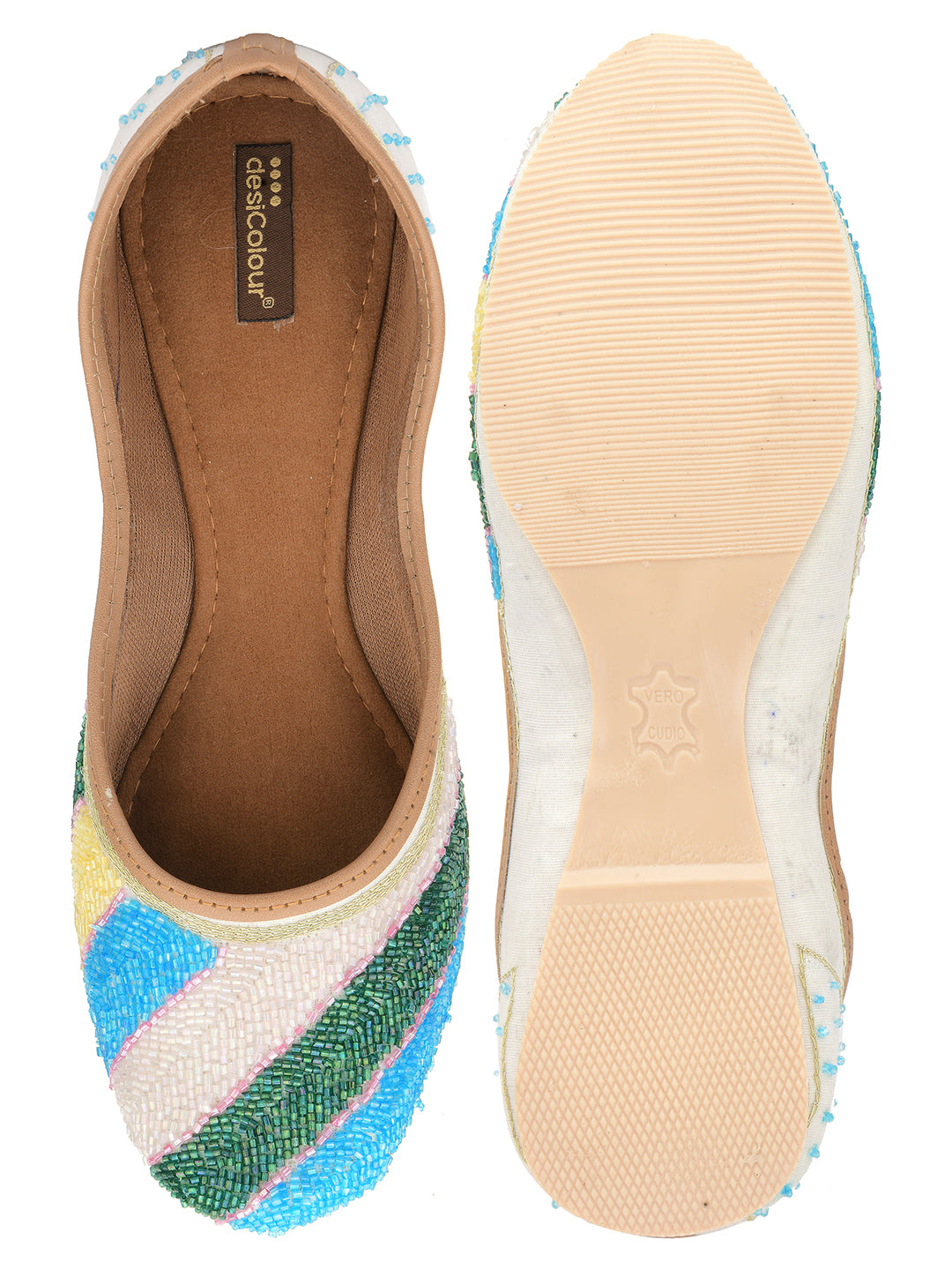 Desi Colour Women Indian Ethnic Footwear-White Multi Sleek Pearl