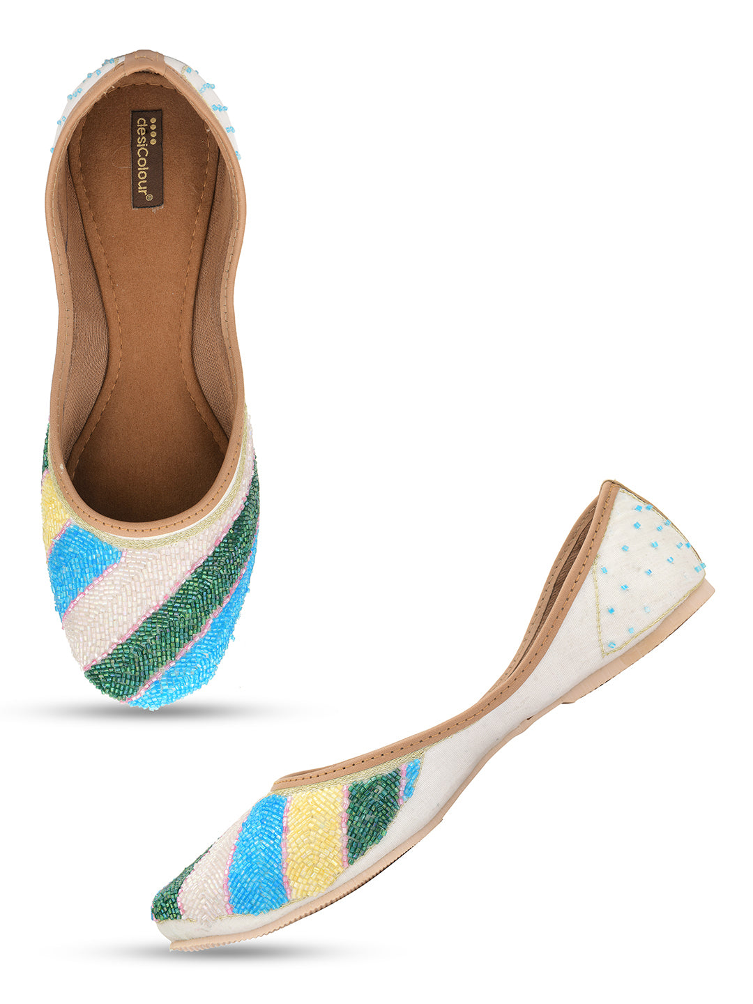 Desi Colour Women Indian Ethnic Footwear-White Multi Sleek Pearl