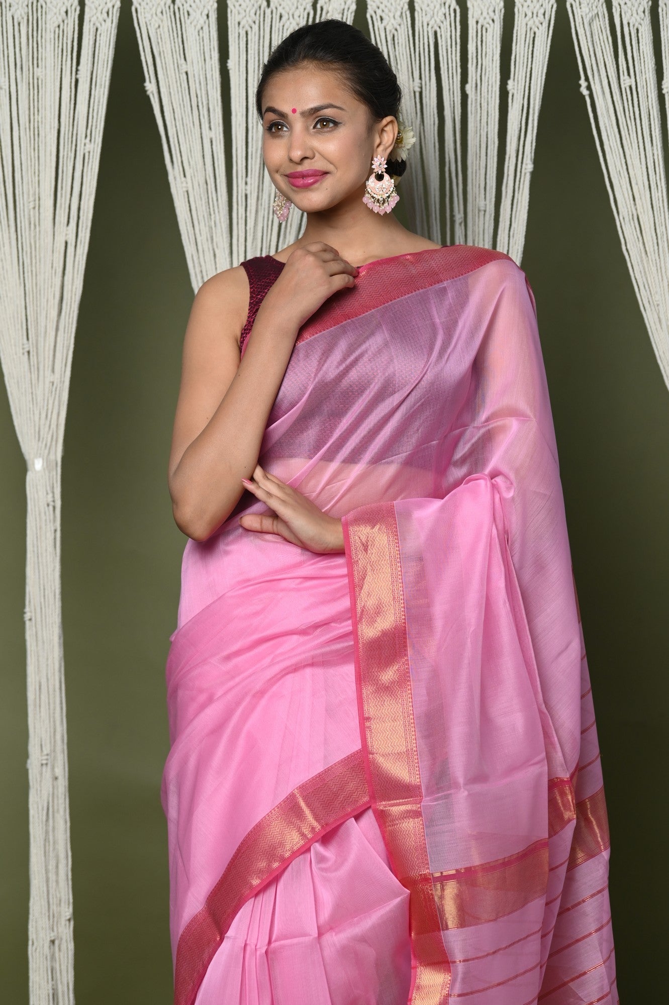Very Much Indian Handloom Cotton Silk Grab2Buy With Sleek Golden Border - rose pink 