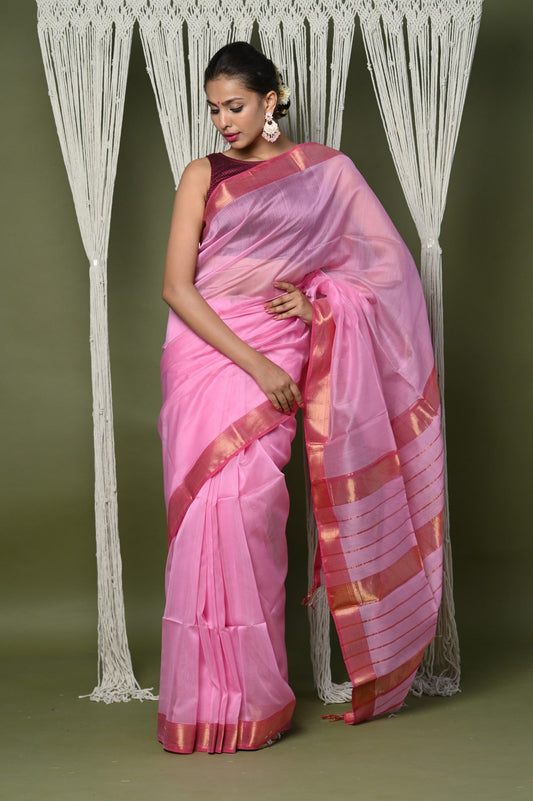 Very Much Indian Handloom Cotton Silk Grab2Buy With Sleek Golden Border - rose pink 