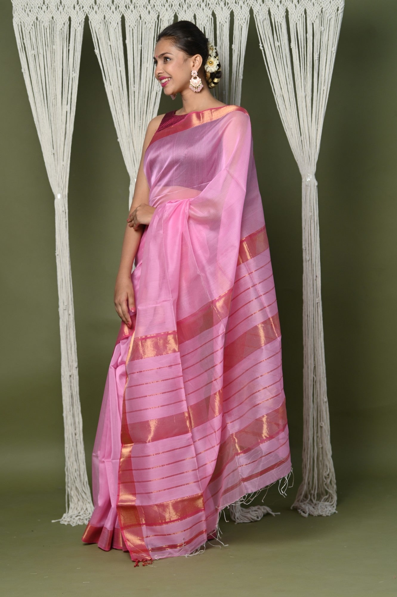 Very Much Indian Handloom Cotton Silk Grab2Buy With Sleek Golden Border - rose pink 