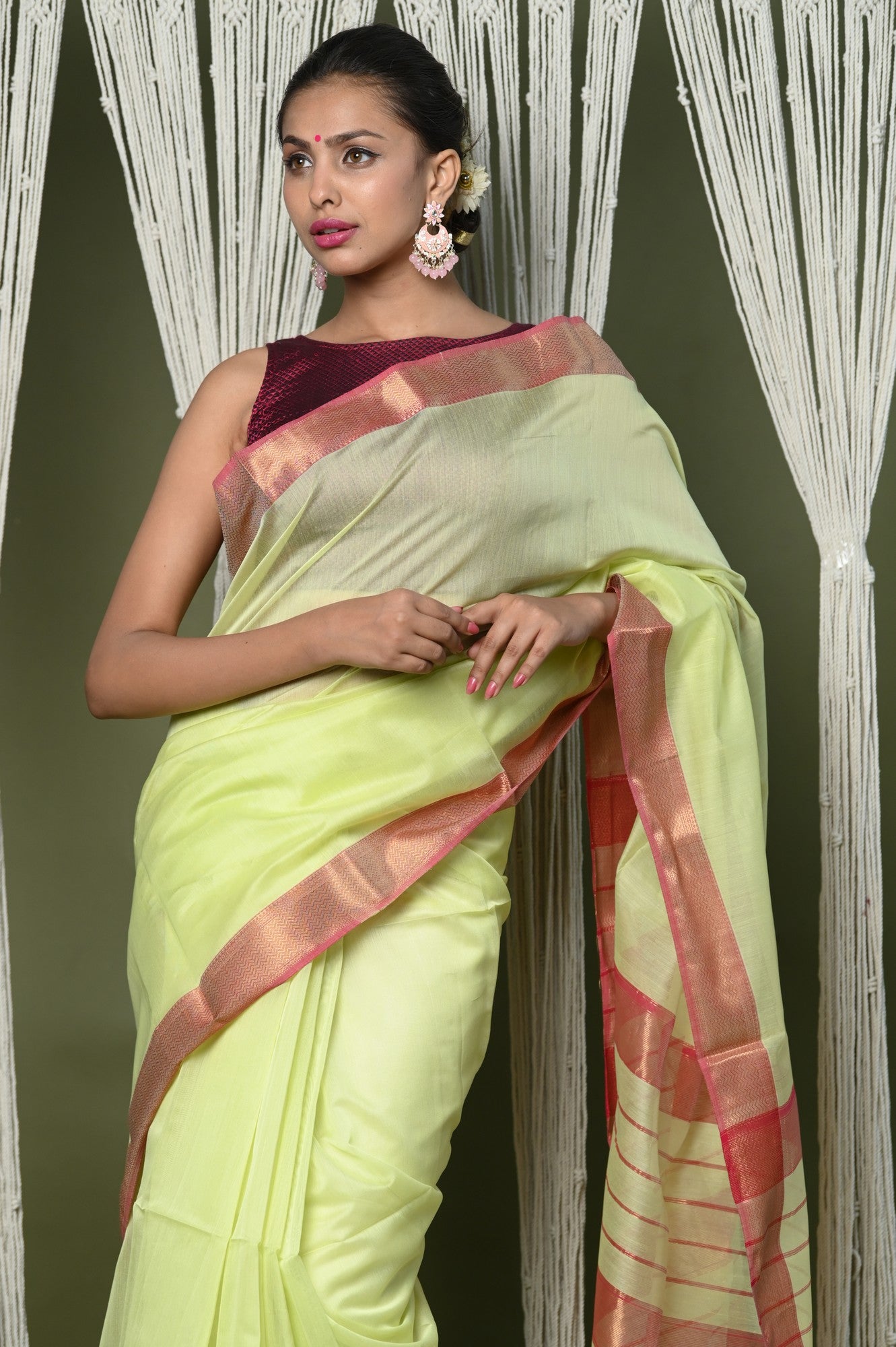 Very Much Indian Handloom Cotton Silk Grab2Buy With Sleek Golden Border - chartreuse green 