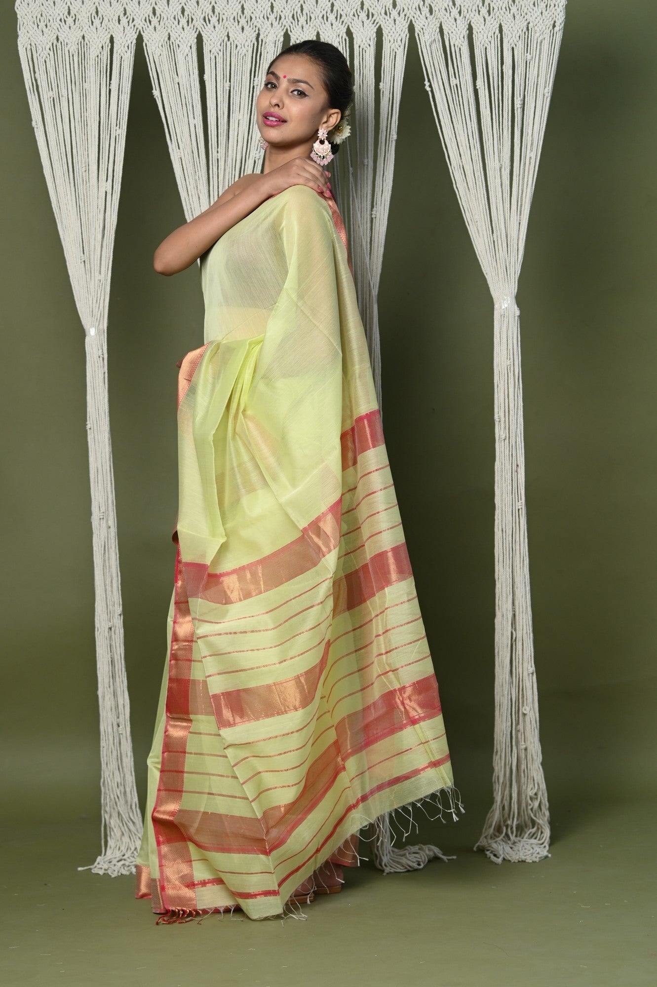 Very Much Indian Handloom Cotton Silk Grab2Buy With Sleek Golden Border - chartreuse green 