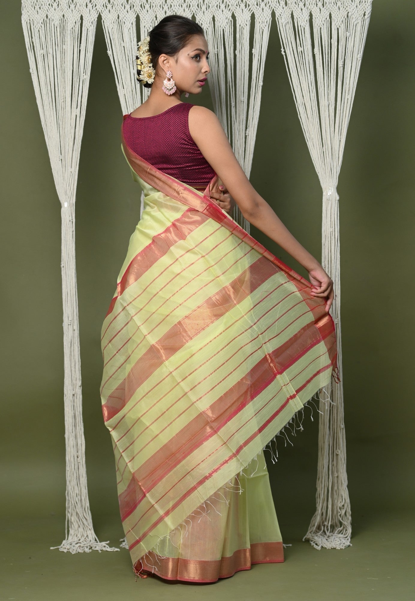 Very Much Indian Handloom Cotton Silk Grab2Buy With Sleek Golden Border - chartreuse green 