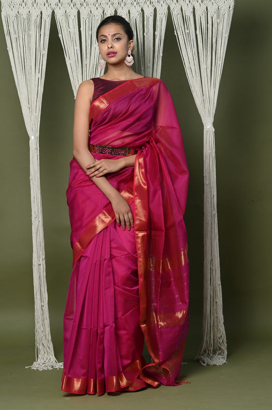Very Much Indian Handloom Cotton Silk Grab2Buy With Sleek Golden Border - Red