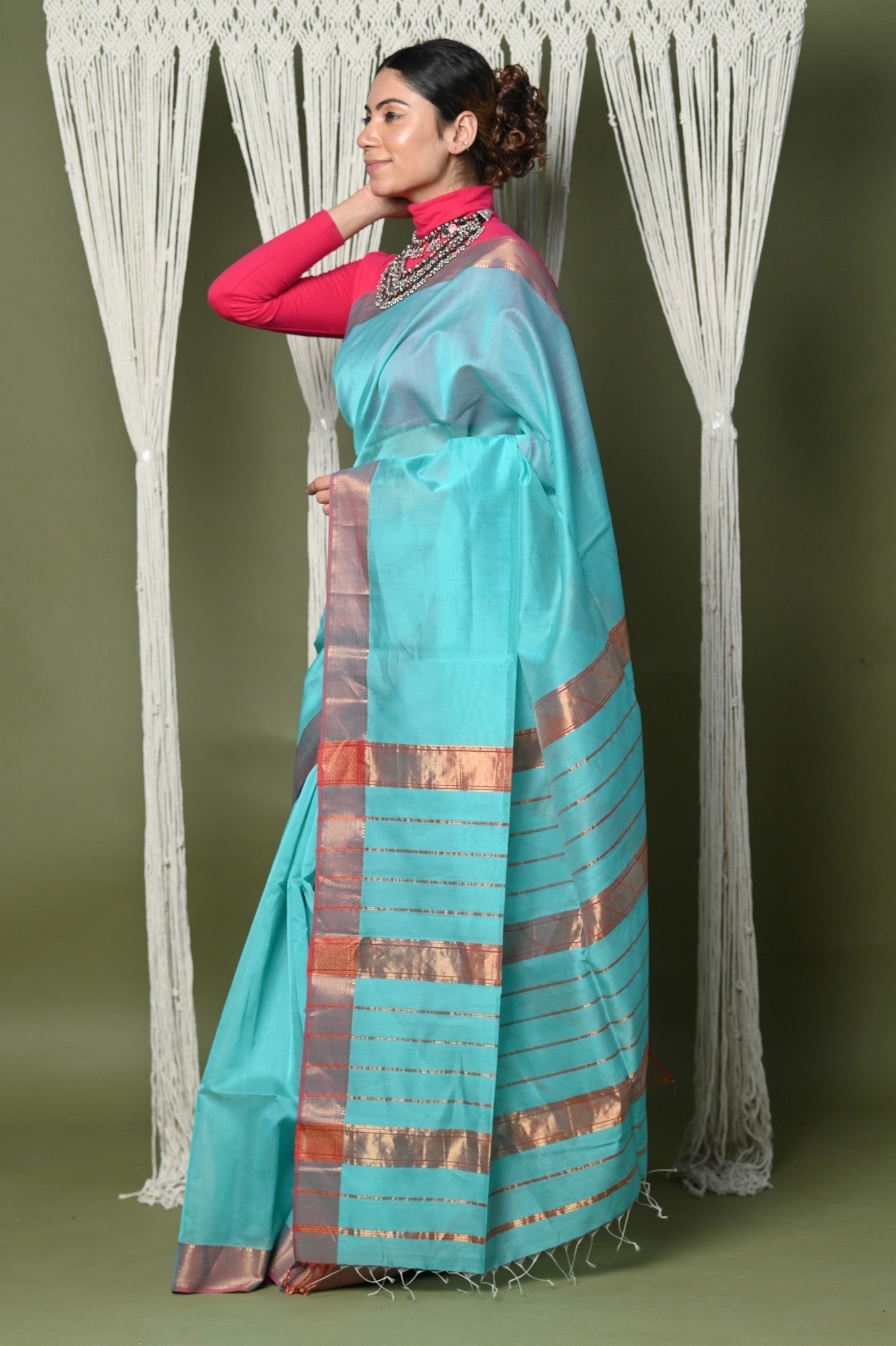 Very Much Indian Handloom Cotton Silk Grab2Buy With Sleek Golden Border - sky blue 