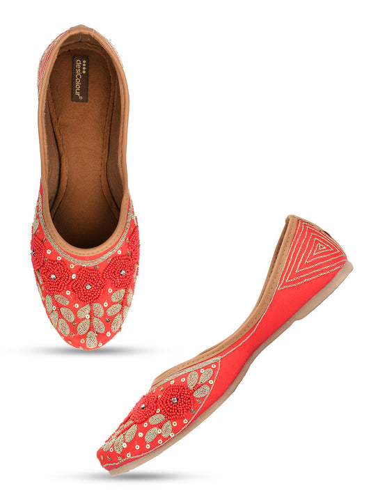Desi Colour Women Indian Ethnic Footwear-Red Pearl Flower