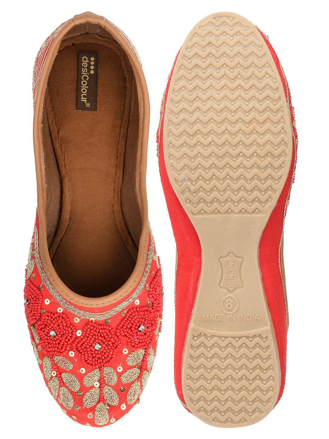 Desi Colour Women Indian Ethnic Footwear-Red Pearl Flower