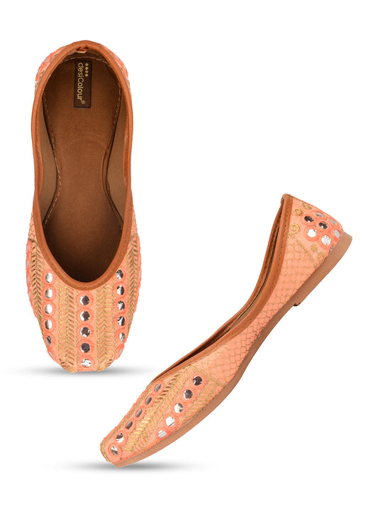 Desi Colour Women Indian Ethnic Footwear-Peach Embroidery