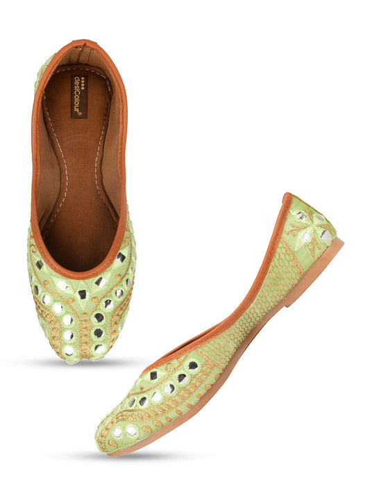 Desi Colour Women Indian Ethnic Footwear-Sea Green Embroidery