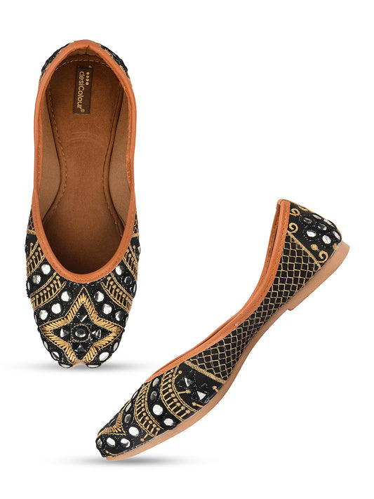 Desi Colour Women Indian Ethnic Footwear-Mini Dabka-Black Mirror