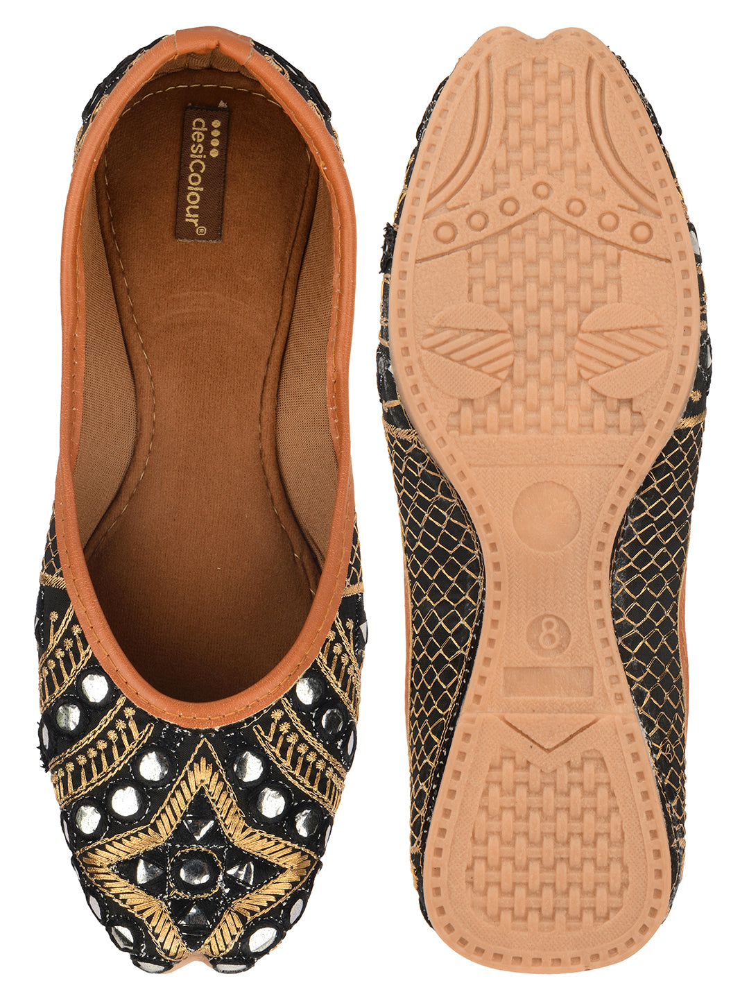 Desi Colour Women Indian Ethnic Footwear-Mini Dabka-Black Mirror