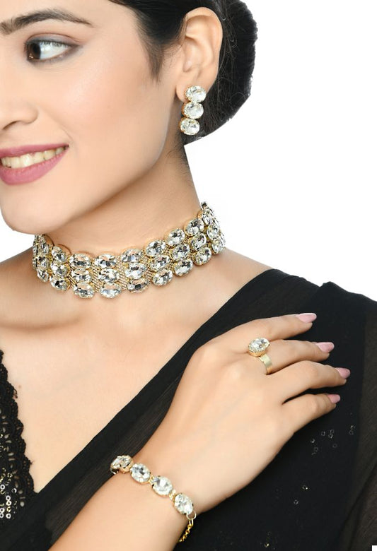 Mominos Fashion Johar Kamal Gold-Plated Finish Stone Choker For Women (White) - Grab2buy