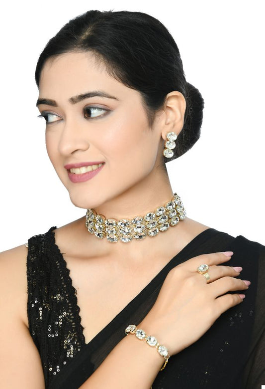 Mominos Fashion Johar Kamal Gold-Plated Finish Stone Choker For Women (White) - Grab2buy