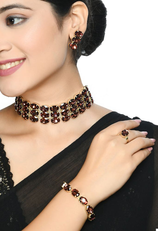 Mominos Fashion Johar Kamal Gold-Plated Finish Stone Choker For Women (Brown) - Grab2buy