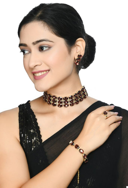 Mominos Fashion Johar Kamal Gold-Plated Finish Stone Choker For Women (Brown) - Grab2buy