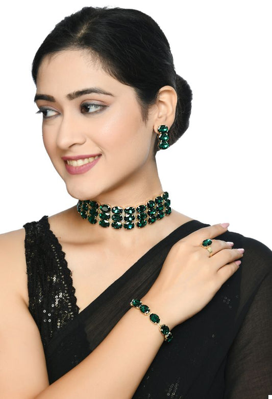 Mominos Fashion Johar Kamal Gold-Plated Finish Stone Choker For Women (Green) - Grab2buy