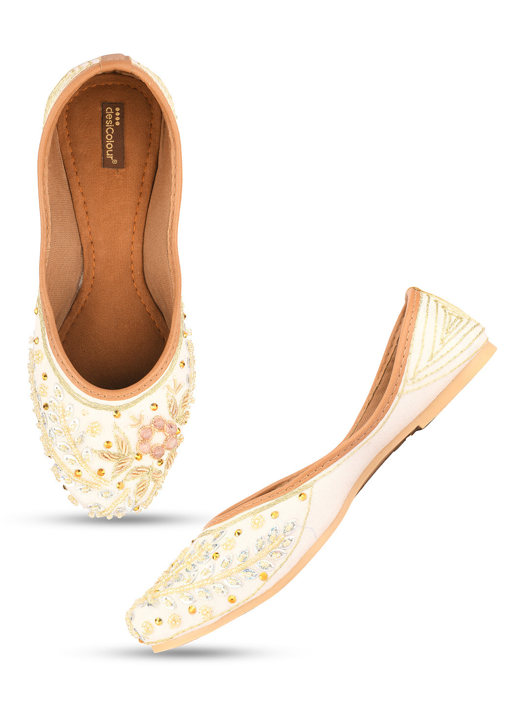 Desi Colour Women Indian Ethnic Footwear-White Dabka