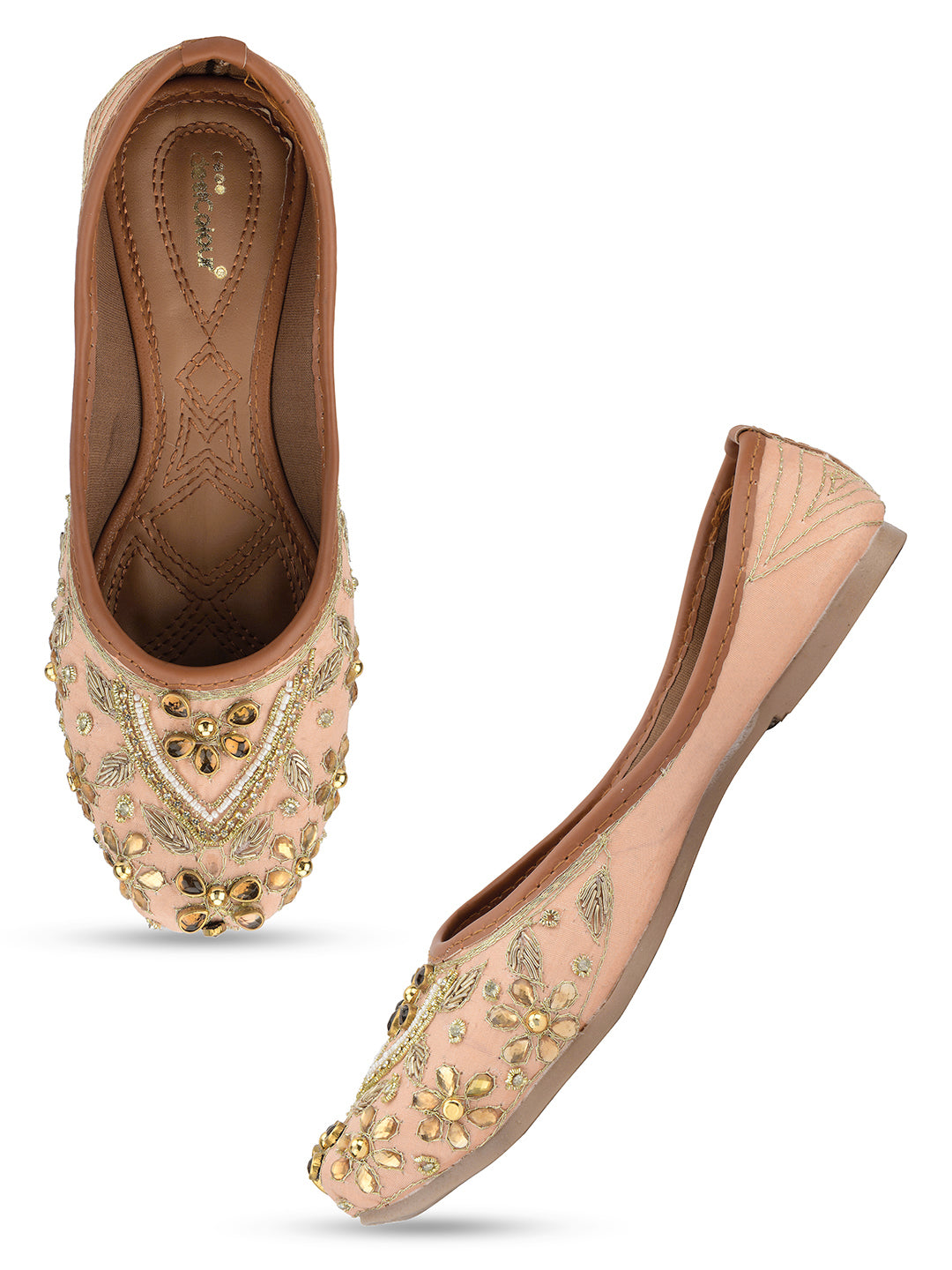 Desi Colour Women Indian Ethnic Footwear-Peach Dabka Stone