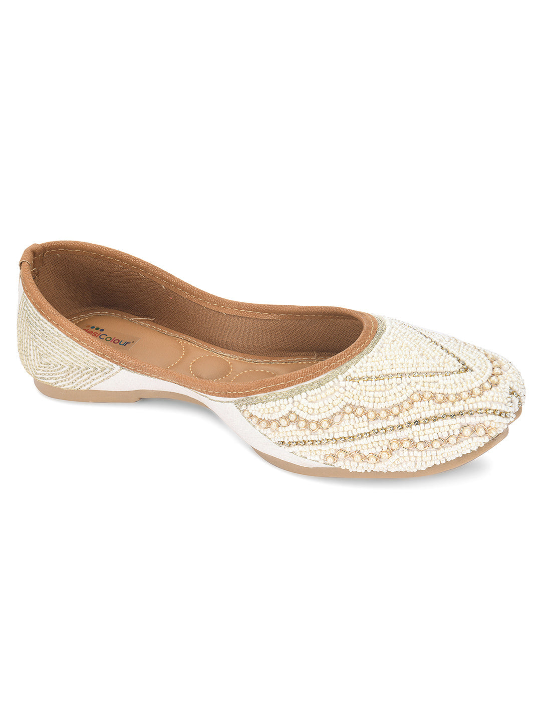 Desi Colour Women Indian Ethnic Footwear-White Silver Pearl