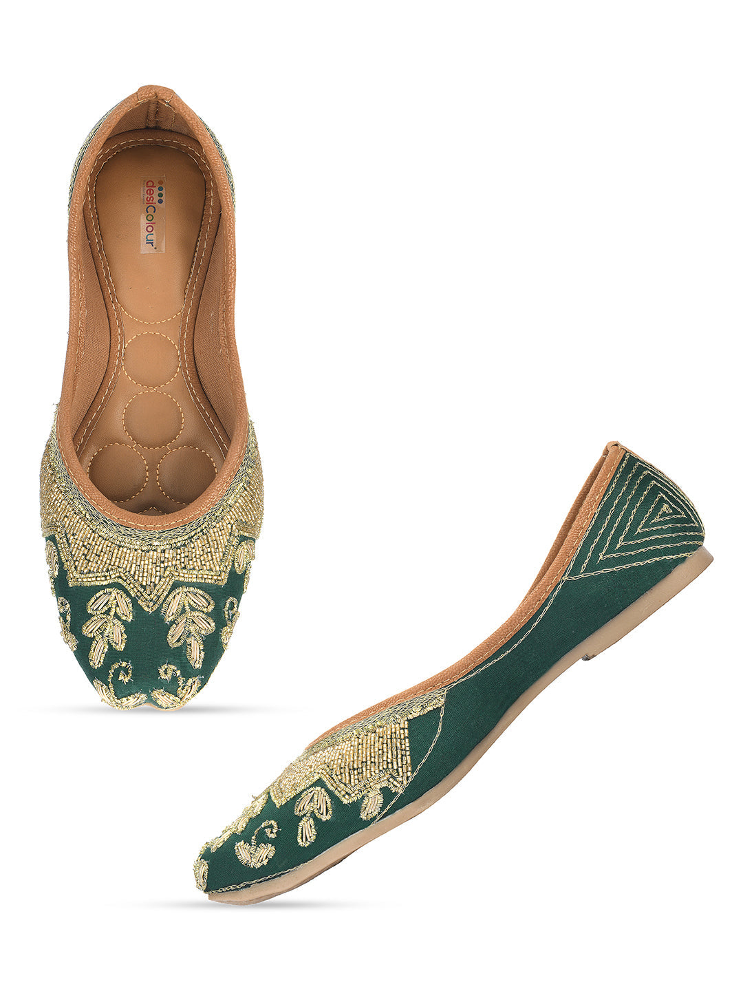 Desi Colour Women Indian Ethnic Footwear-Party Wear Green Dabka Work