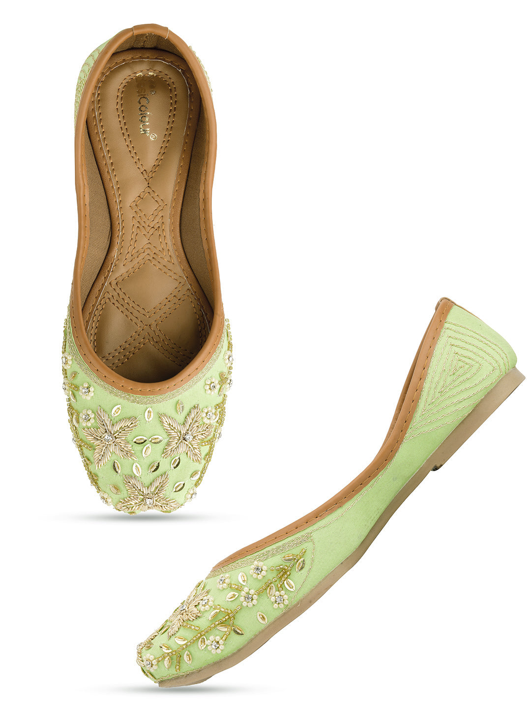 Desi Colour Women Indian Ethnic Footwear-Sea Green Dabka Flower