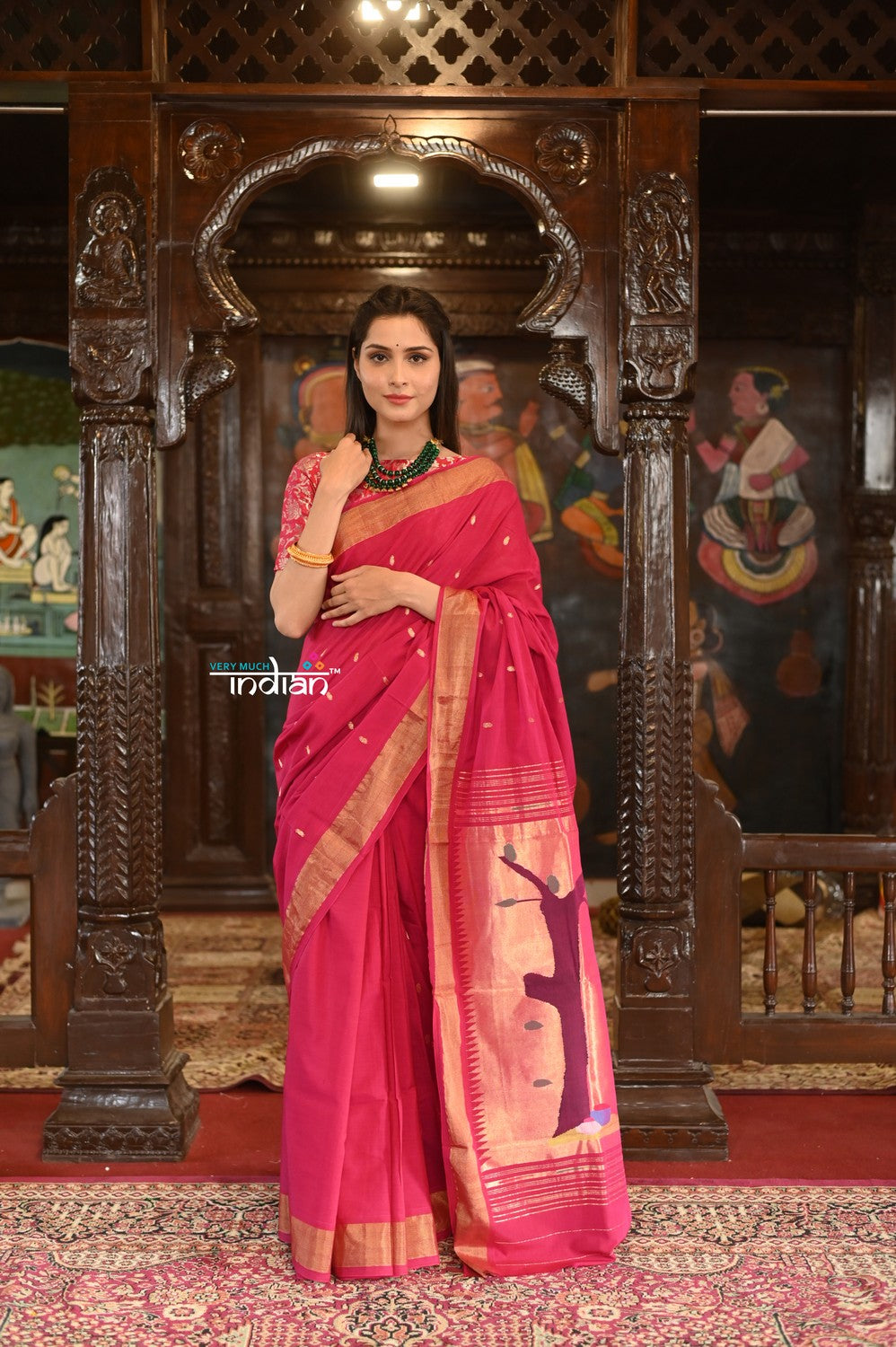 Very Much Indian Authentic Handloom Pure Cotton Paithani with Traditional Radha Krishna Pallu - Red Delight 