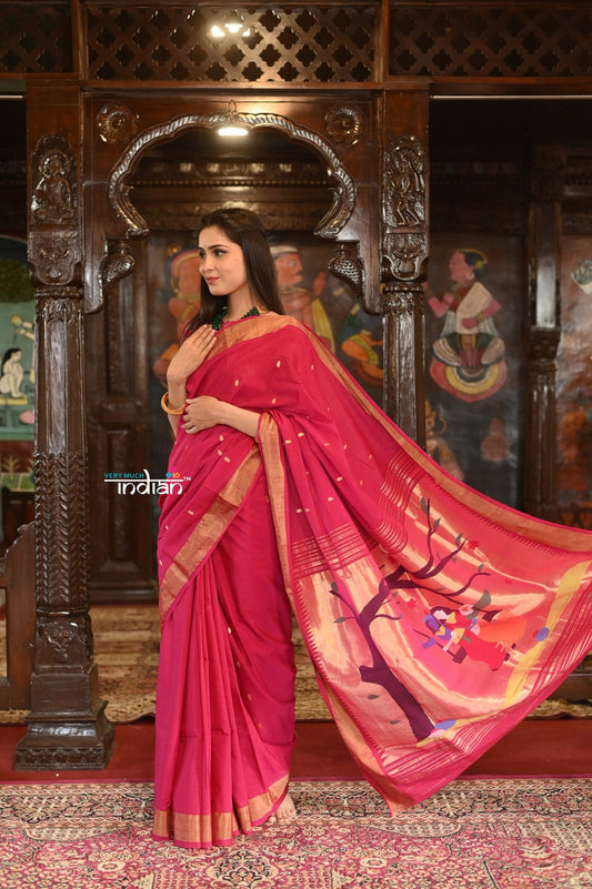 Very Much Indian Authentic Handloom Pure Cotton Paithani with Traditional Radha Krishna Pallu - Red Delight 